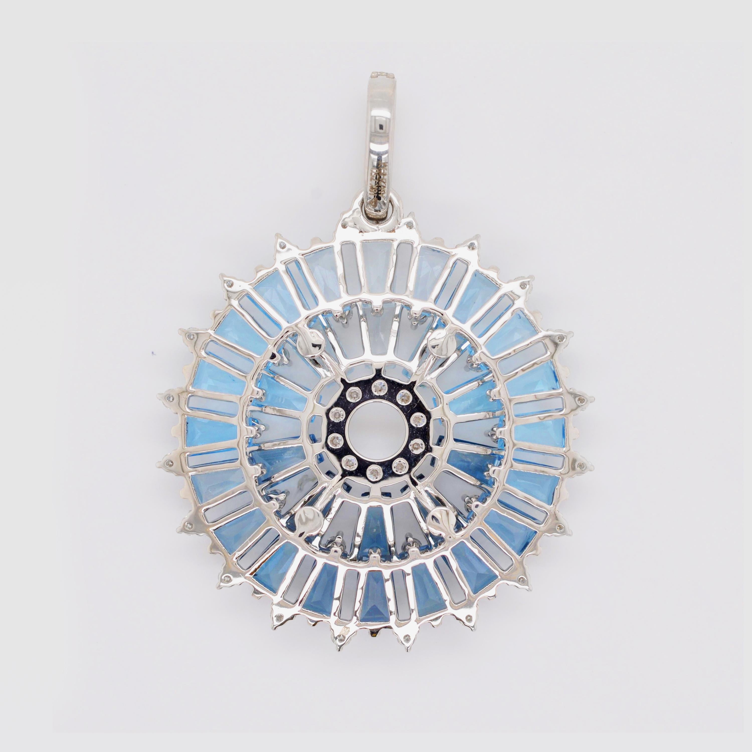 Art Deco Gradient Blauer Topas Kegel Baguette Kreisförmiger Diamant Gold Anhänger im Angebot 5