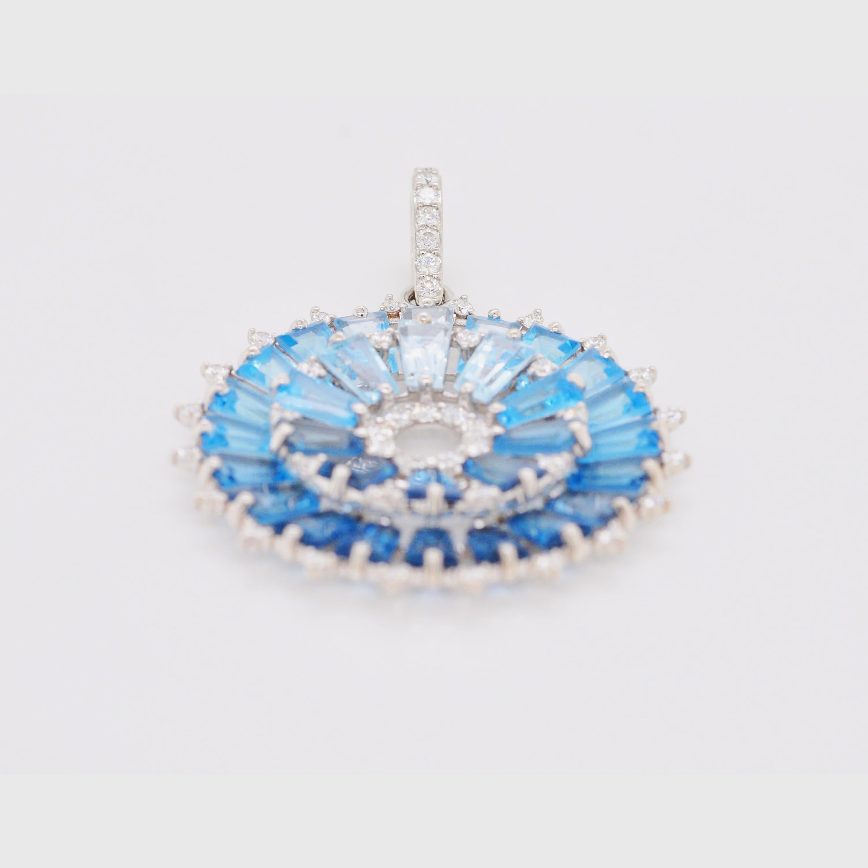 Art Deco Gradient Blauer Topas Kegel Baguette Kreisförmiger Diamant Gold Anhänger im Angebot 1