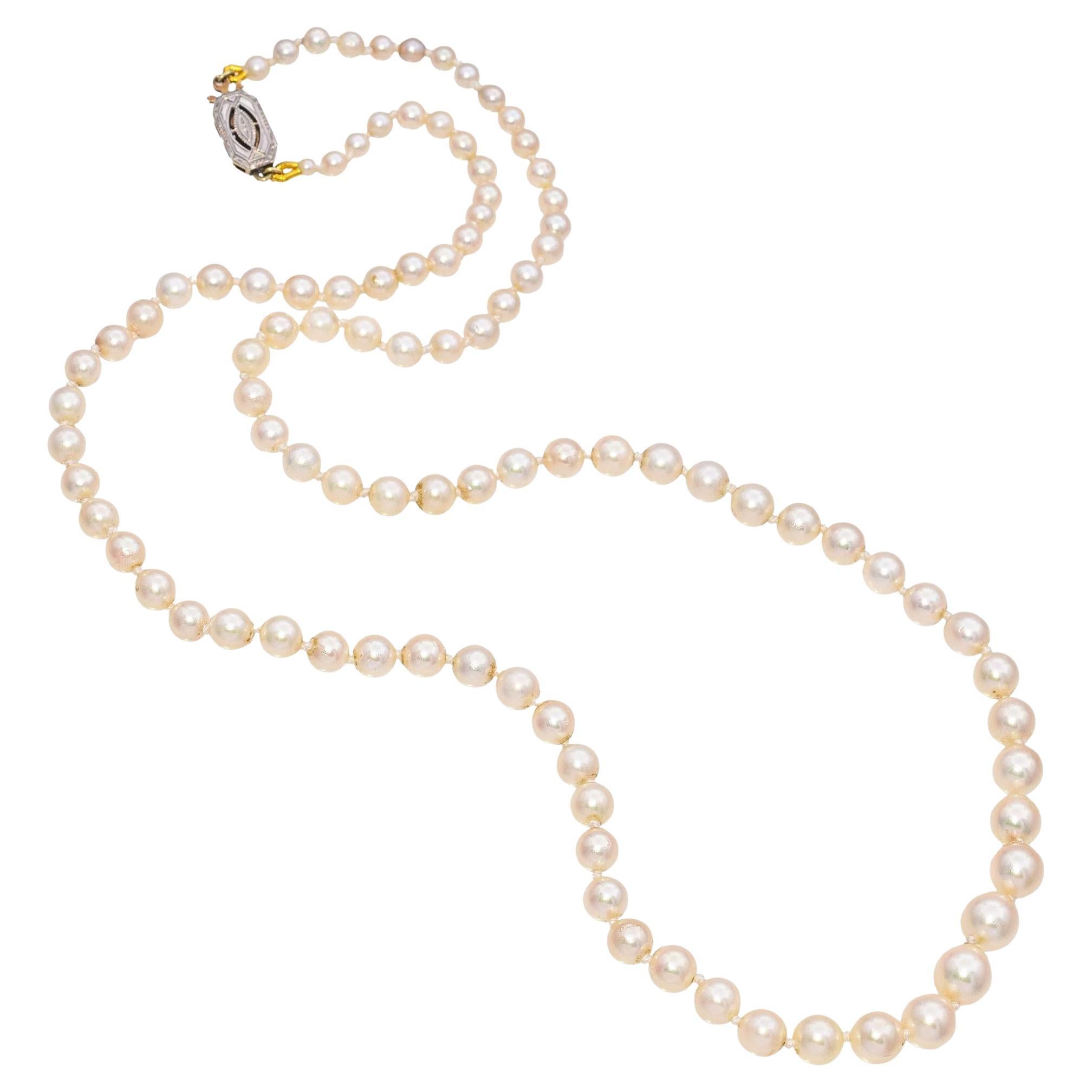 Art Deco Graduating Pearl Strand Necklace with 14k Gold Clasp
