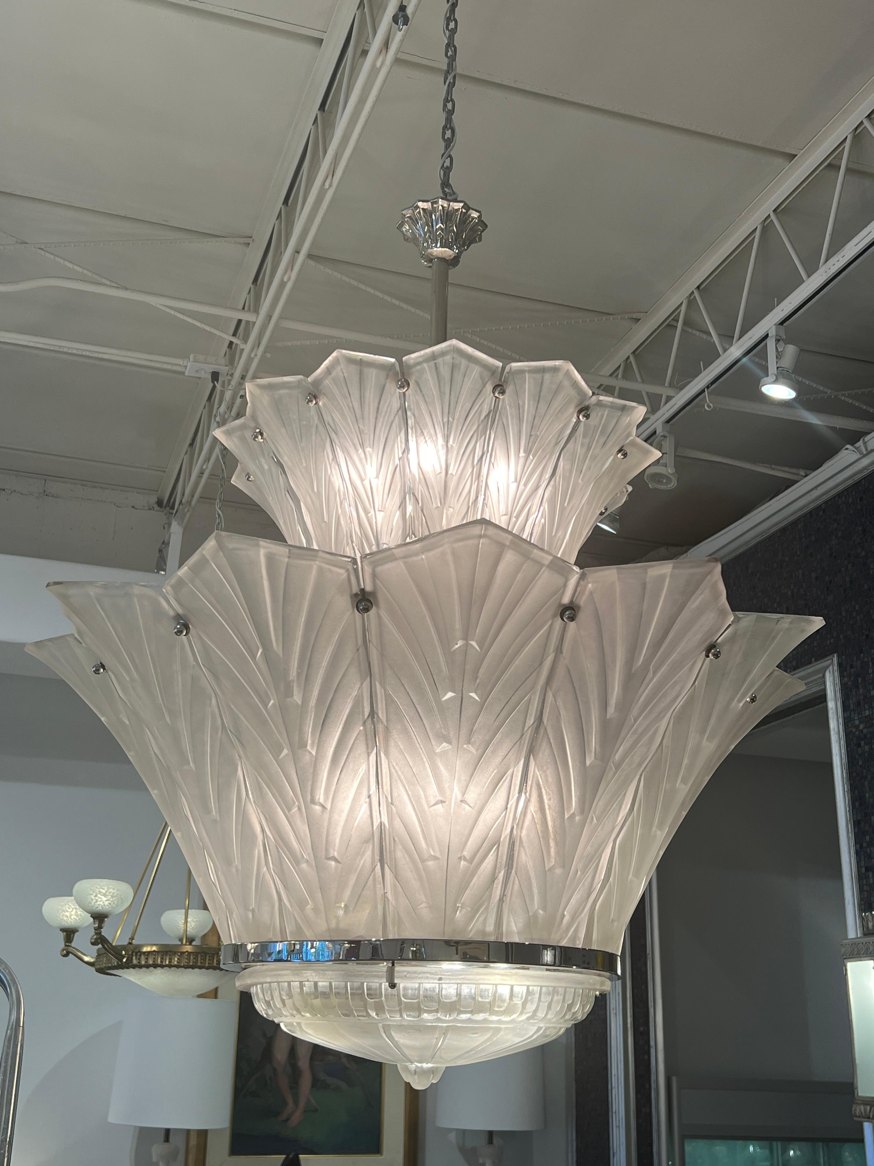 Glass Art Deco Grand Chandelier by Sabino For Sale