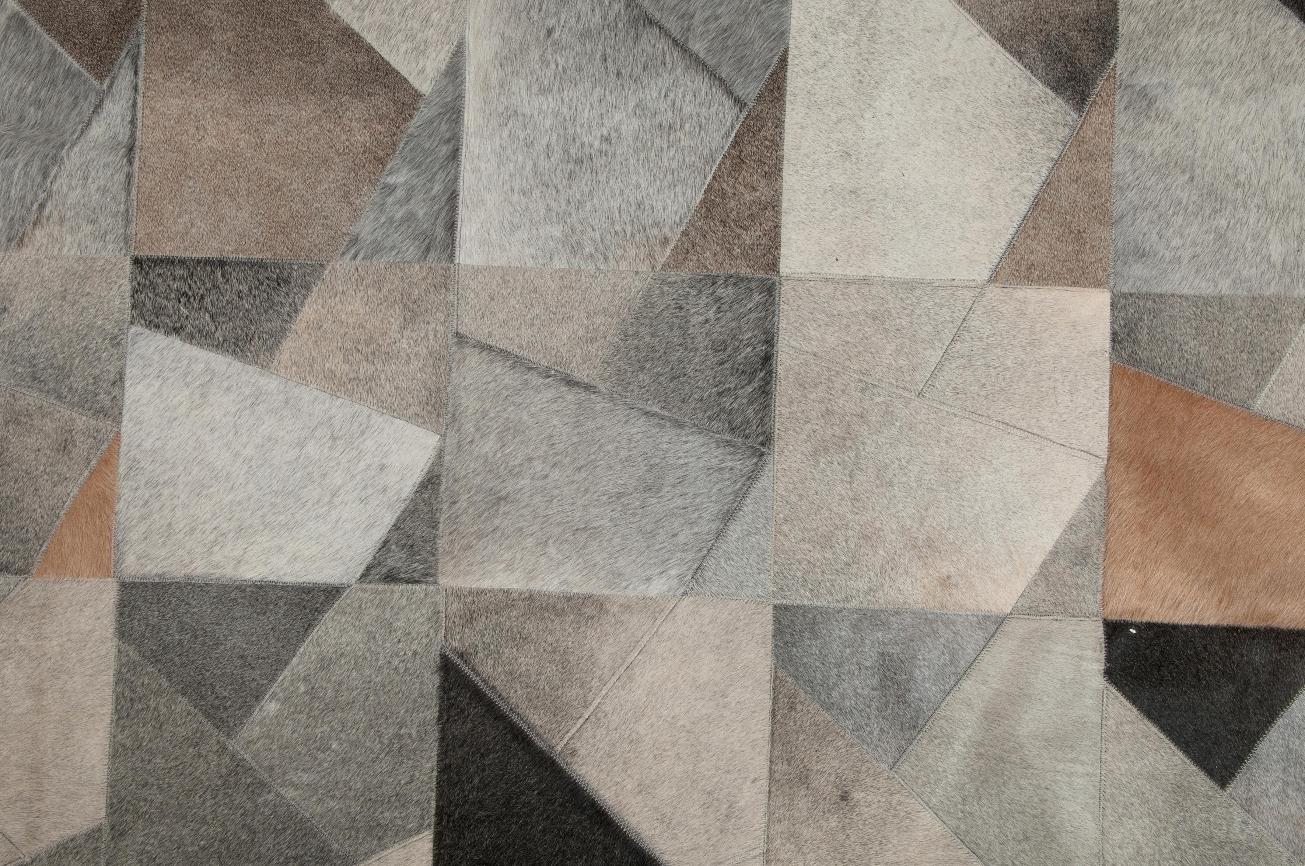 Pakistani Art Deco Gray Black & Caramel Faceta Customizable Cowhide Area Floor Rug XXLarge For Sale