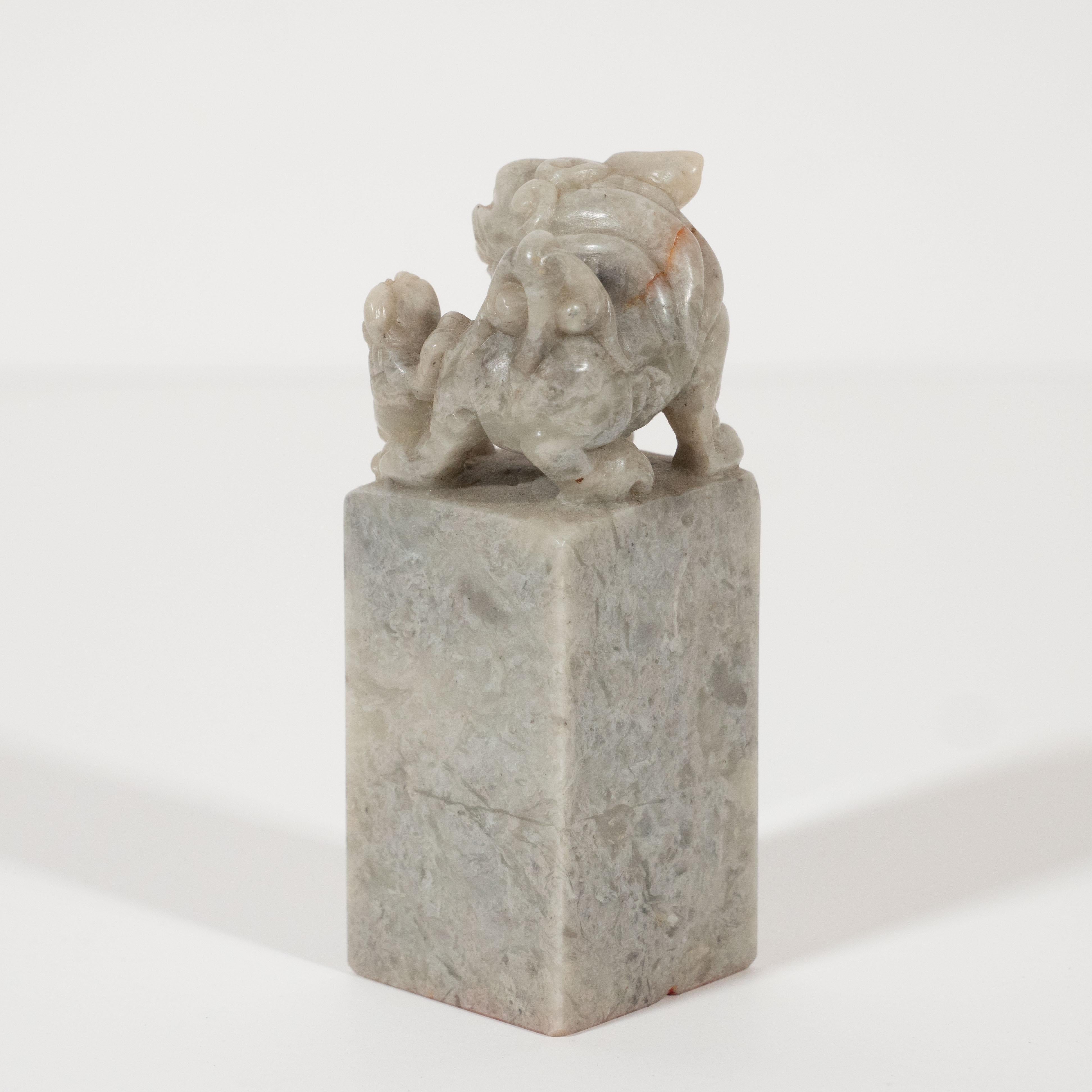 Early 20th Century Art Deco Gray Stone Chinese Stamp with Hand Carved Guardian Lion Motif For Sale