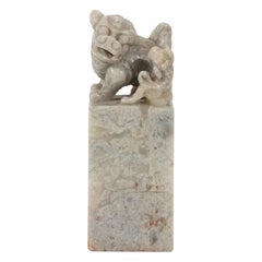 Art Deco Gray Stone Chinese Stamp with Hand Carved Guardian Lion Motif