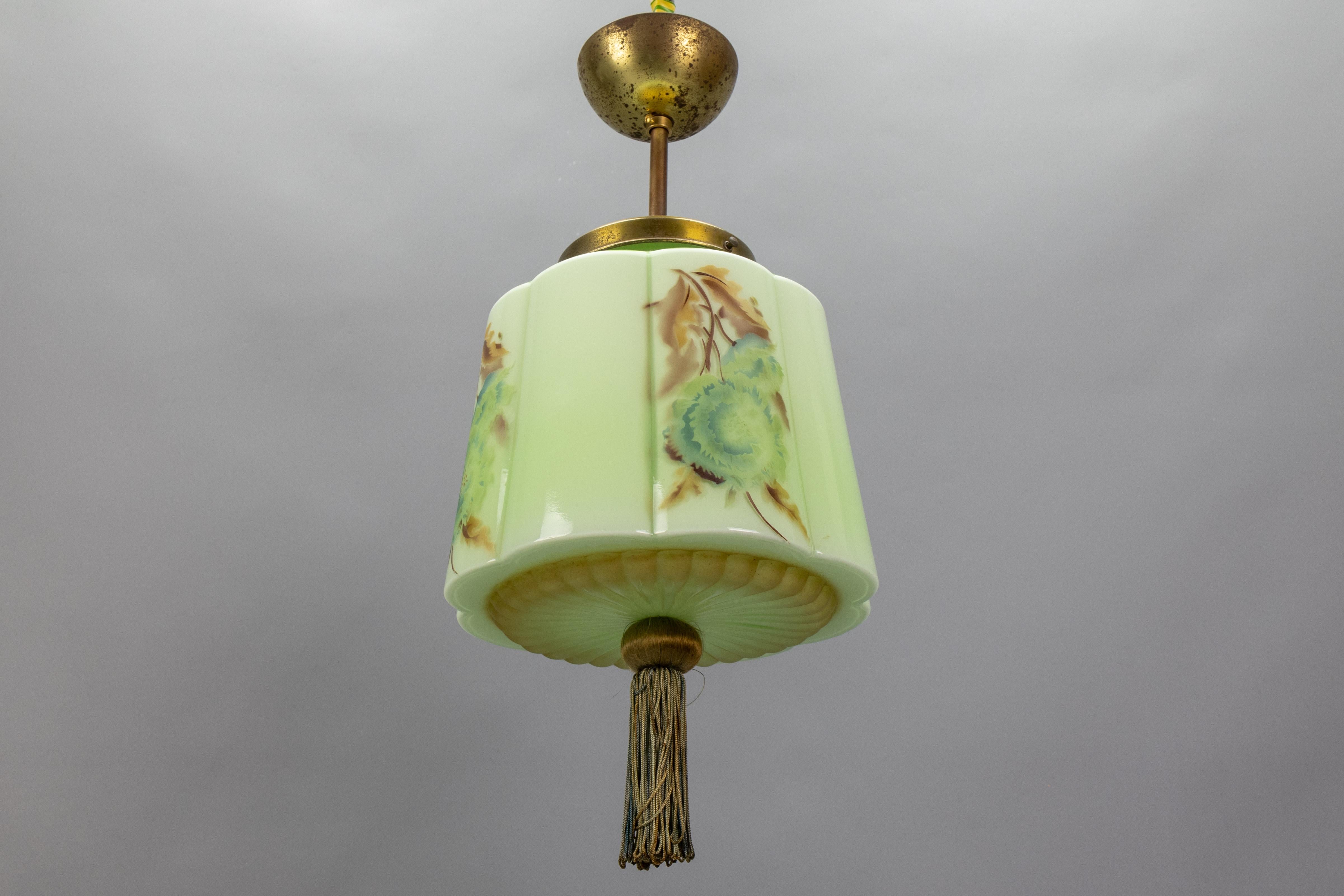 Art Deco Green and Brown Glass Floral Design Pendant Light, Germany, 1930s For Sale 6