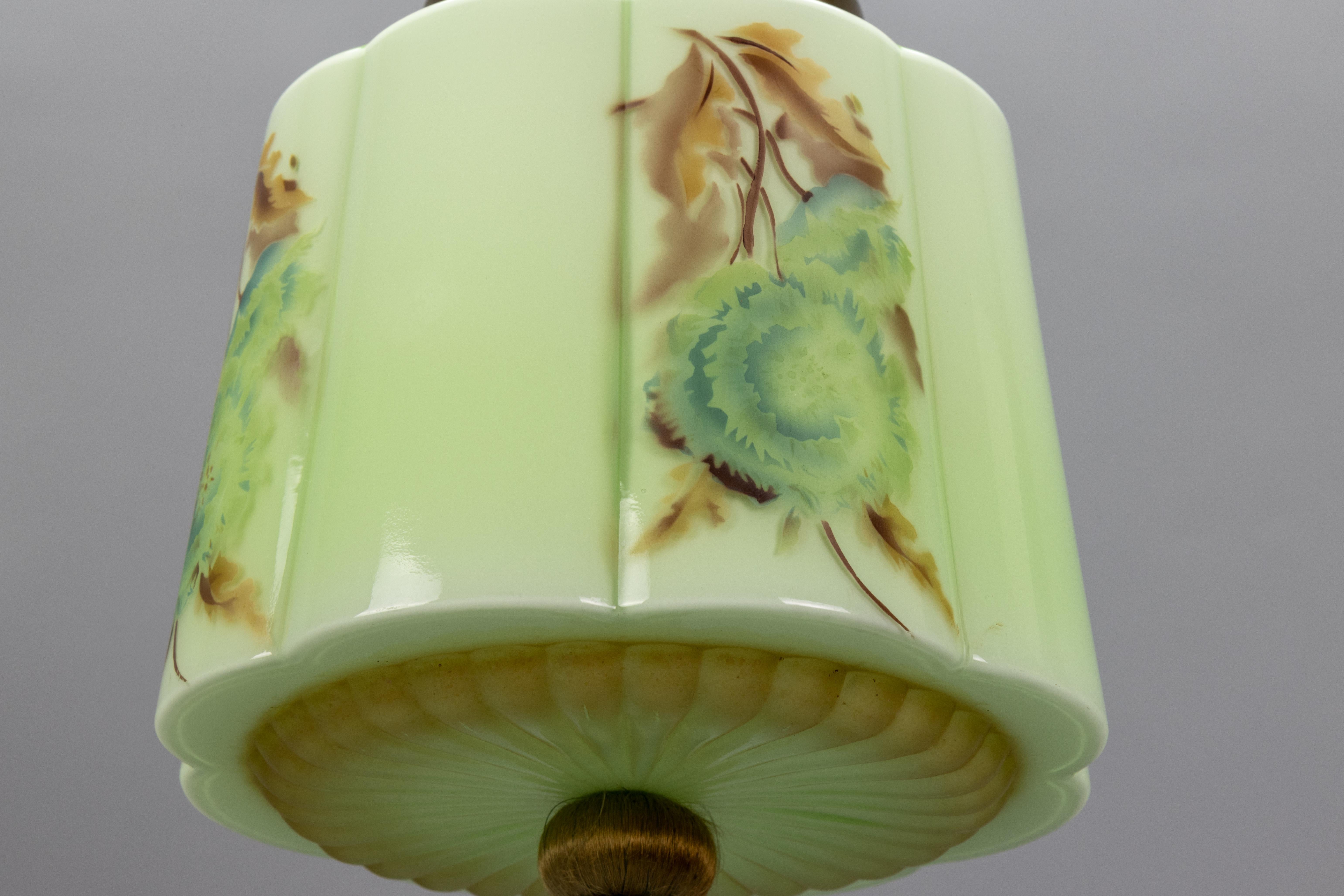 Art Deco Green and Brown Glass Floral Design Pendant Light, Germany, 1930s For Sale 7