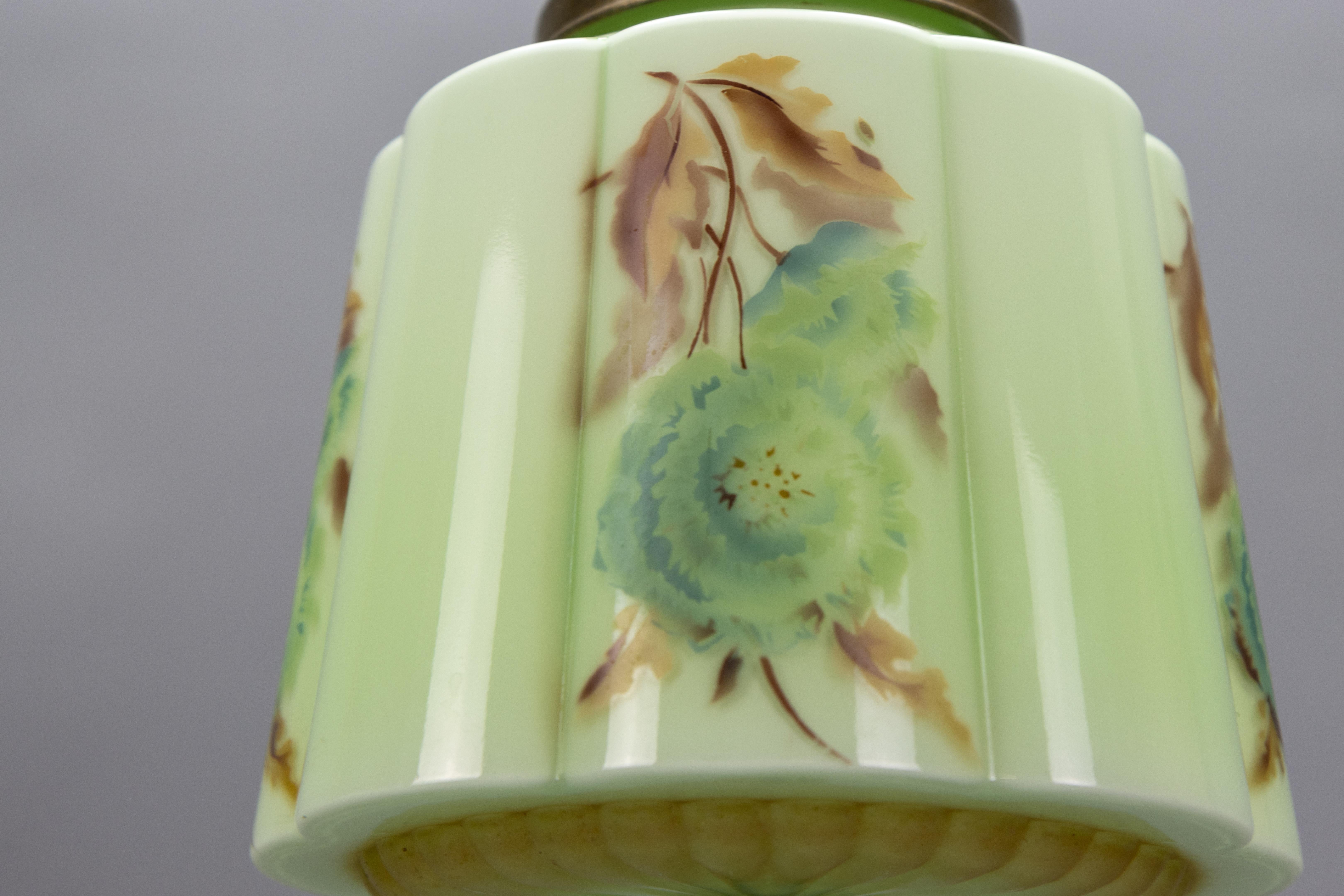 Art Deco Green and Brown Glass Floral Design Pendant Light, Germany, 1930s For Sale 8