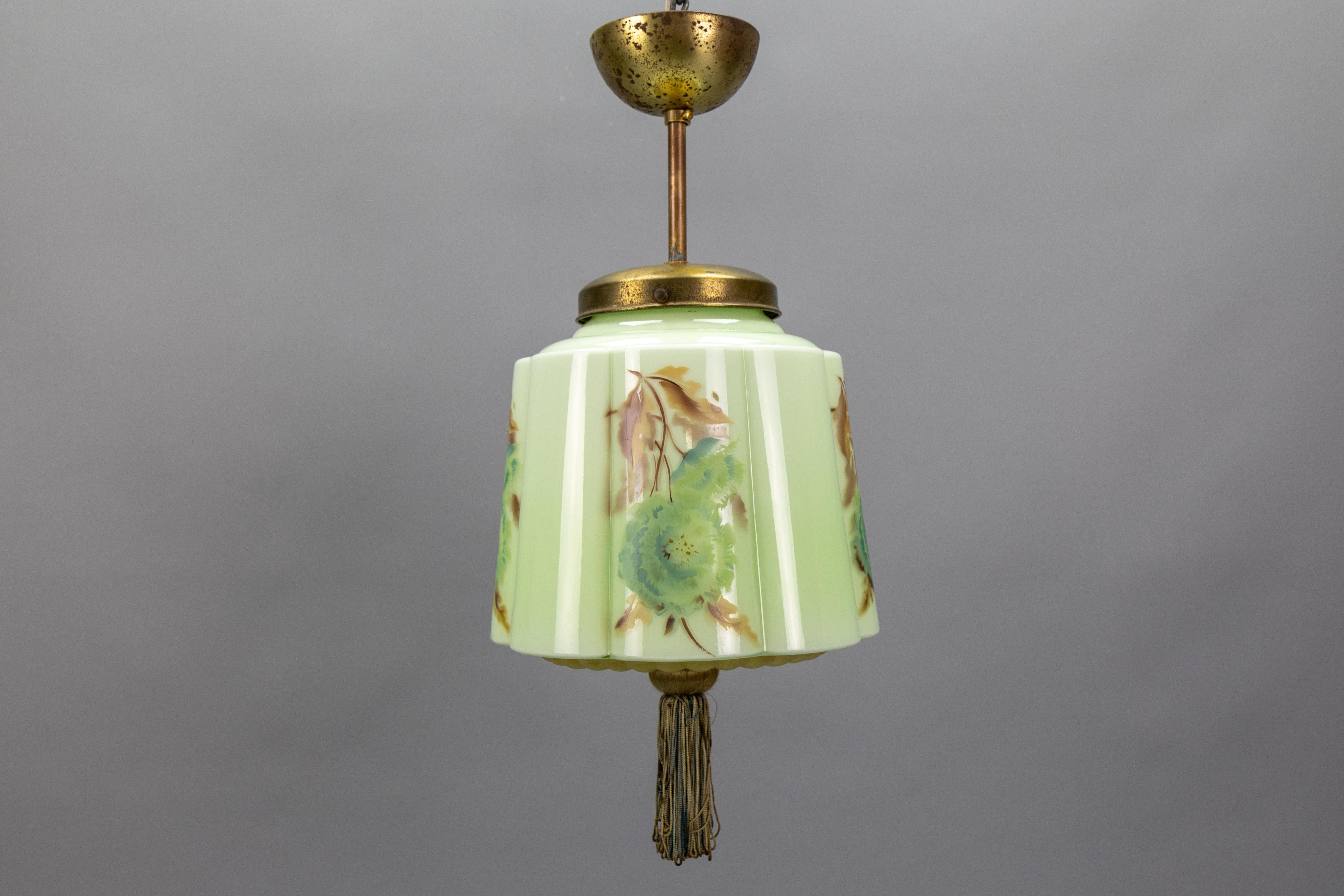 Art Deco Green and Brown Glass Floral Design Pendant Light, Germany, 1930s For Sale 9