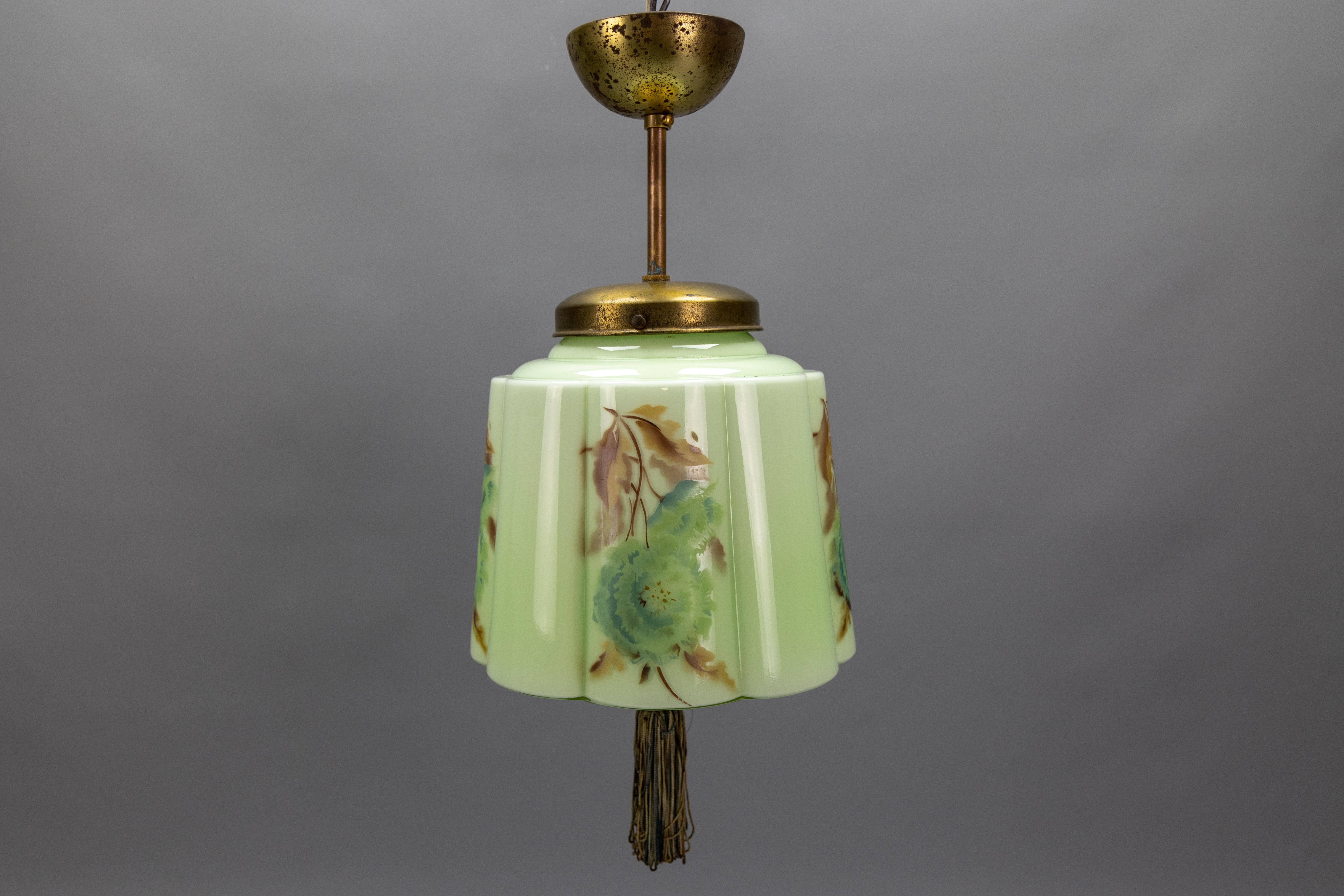 Art Deco Green and Brown Glass Floral Design Pendant Light, Germany, 1930s For Sale 10