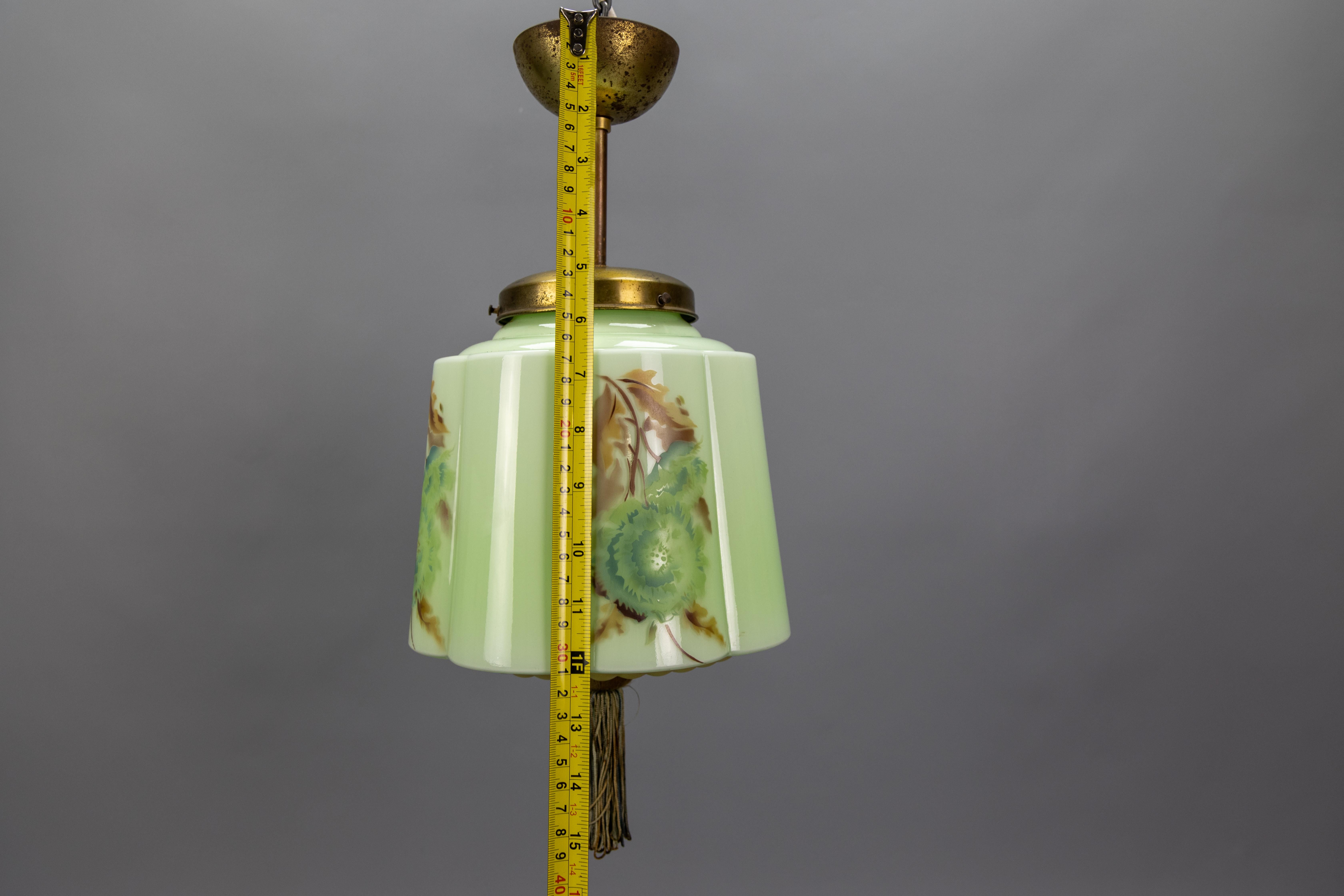 Art Deco Green and Brown Glass Floral Design Pendant Light, Germany, 1930s For Sale 11