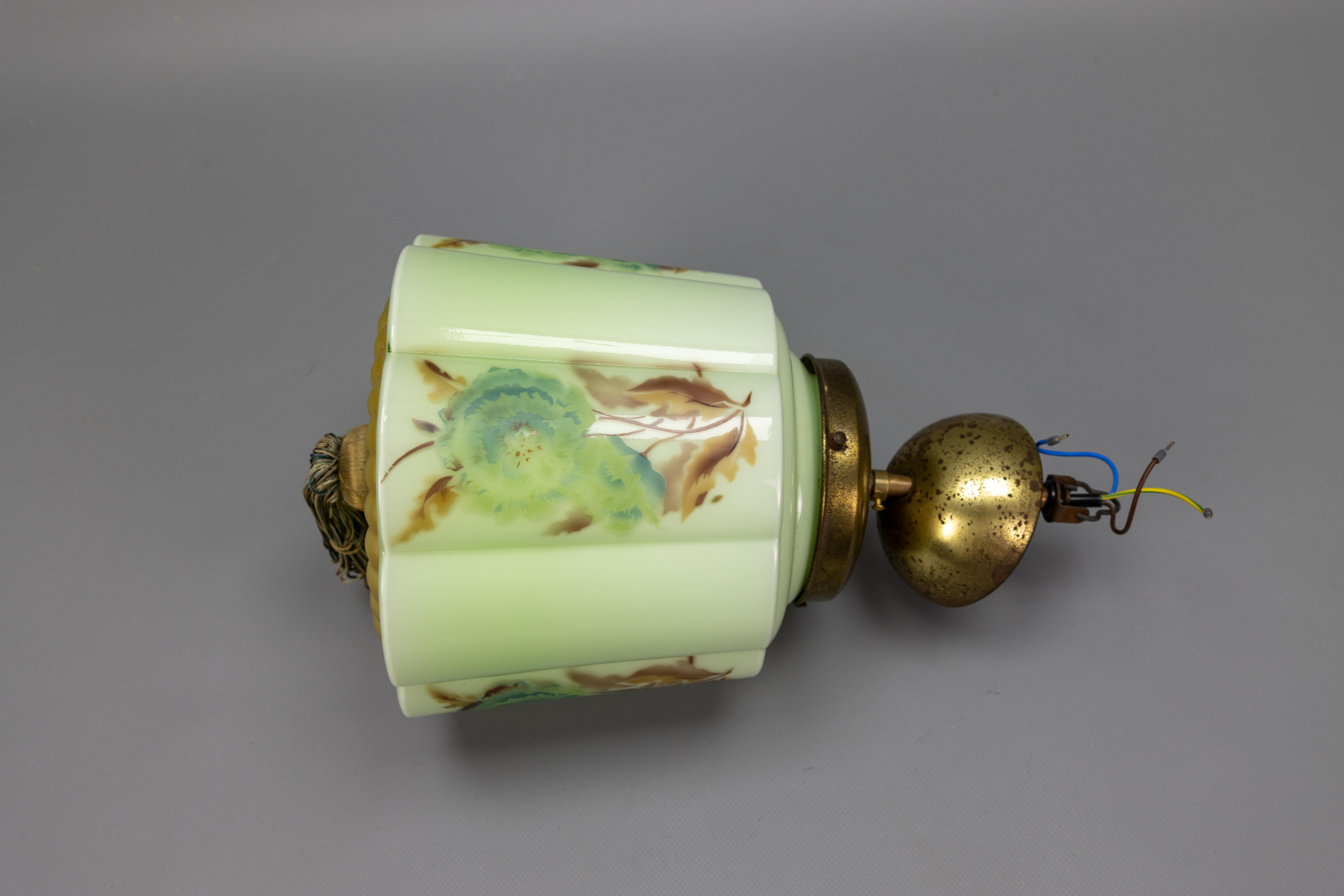 Art Deco Green and Brown Glass Floral Design Pendant Light, Germany, 1930s For Sale 15