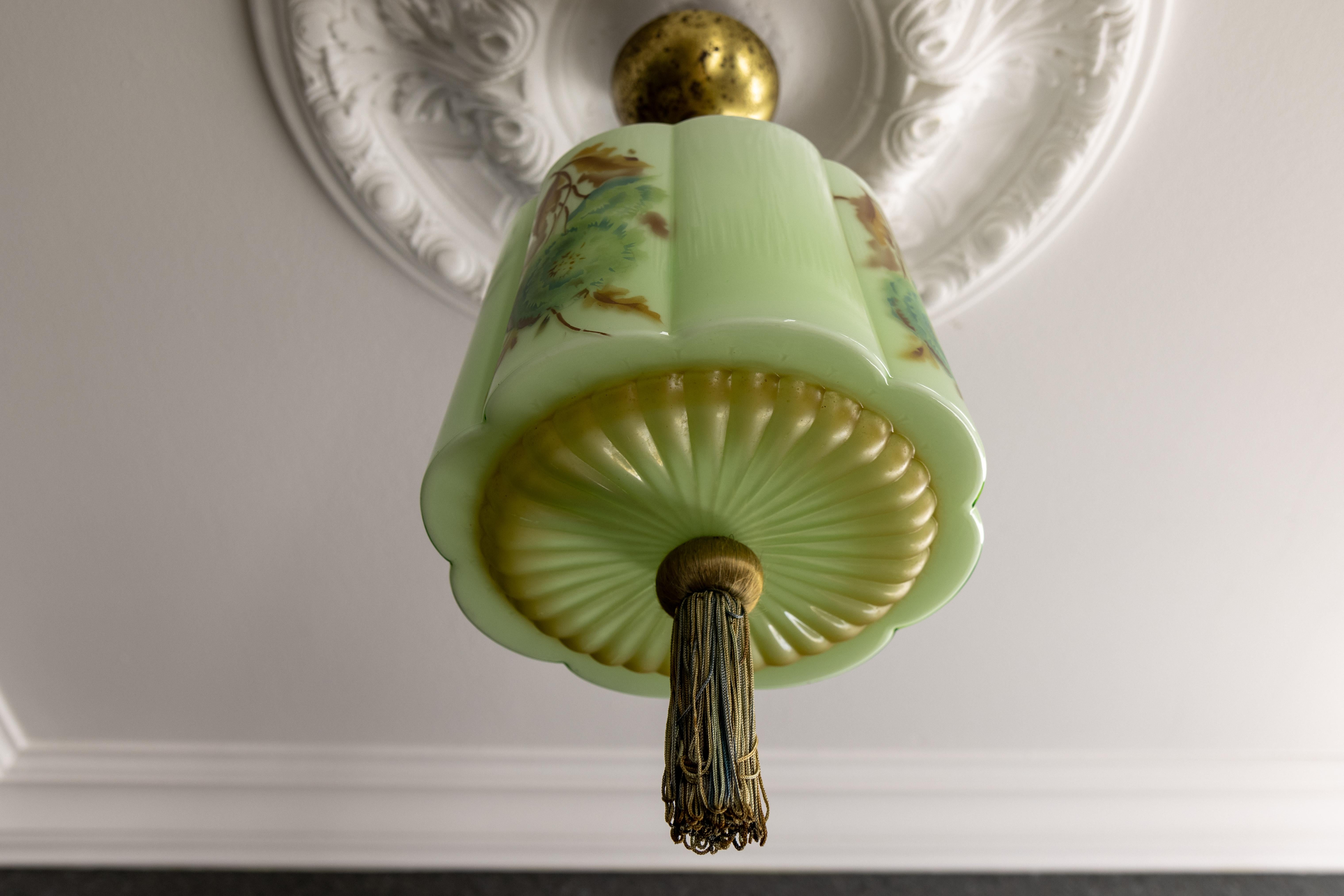 Art Deco Green and Brown Glass Floral Design Pendant Light, Germany, 1930s In Good Condition For Sale In Barntrup, DE