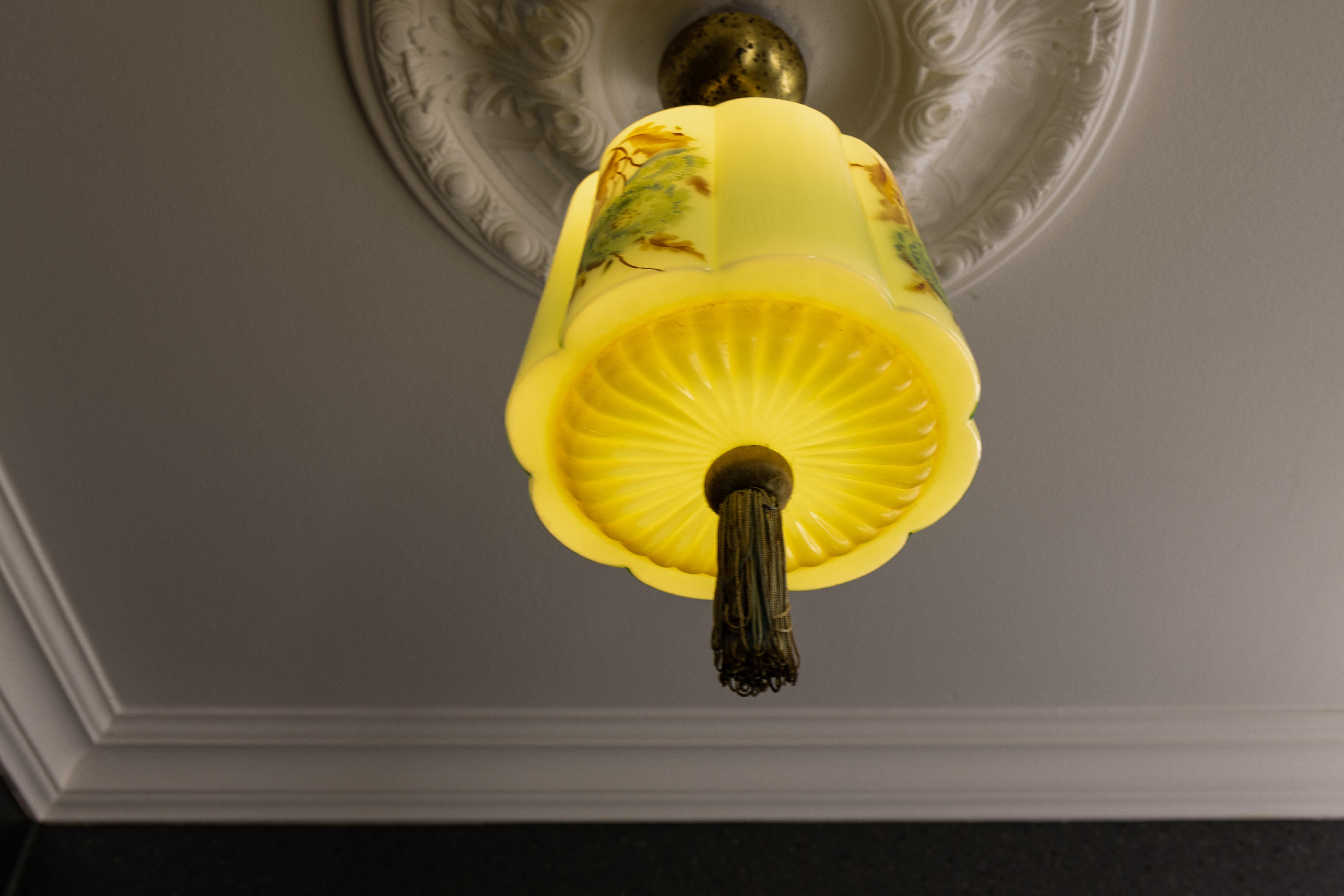 Art Deco Green and Brown Glass Floral Design Pendant Light, Germany, 1930s For Sale 1