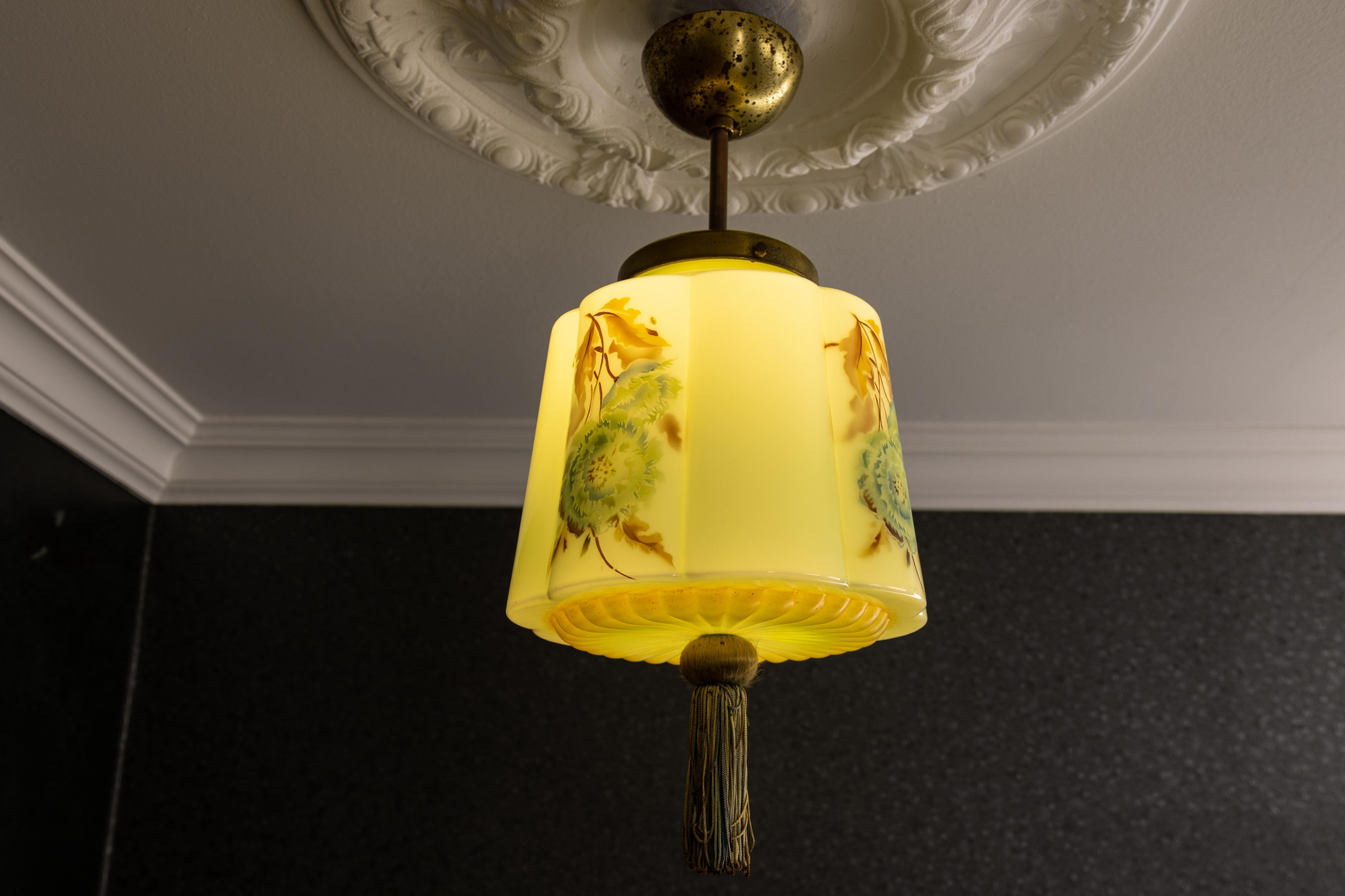 Art Deco Green and Brown Glass Floral Design Pendant Light, Germany, 1930s For Sale 3