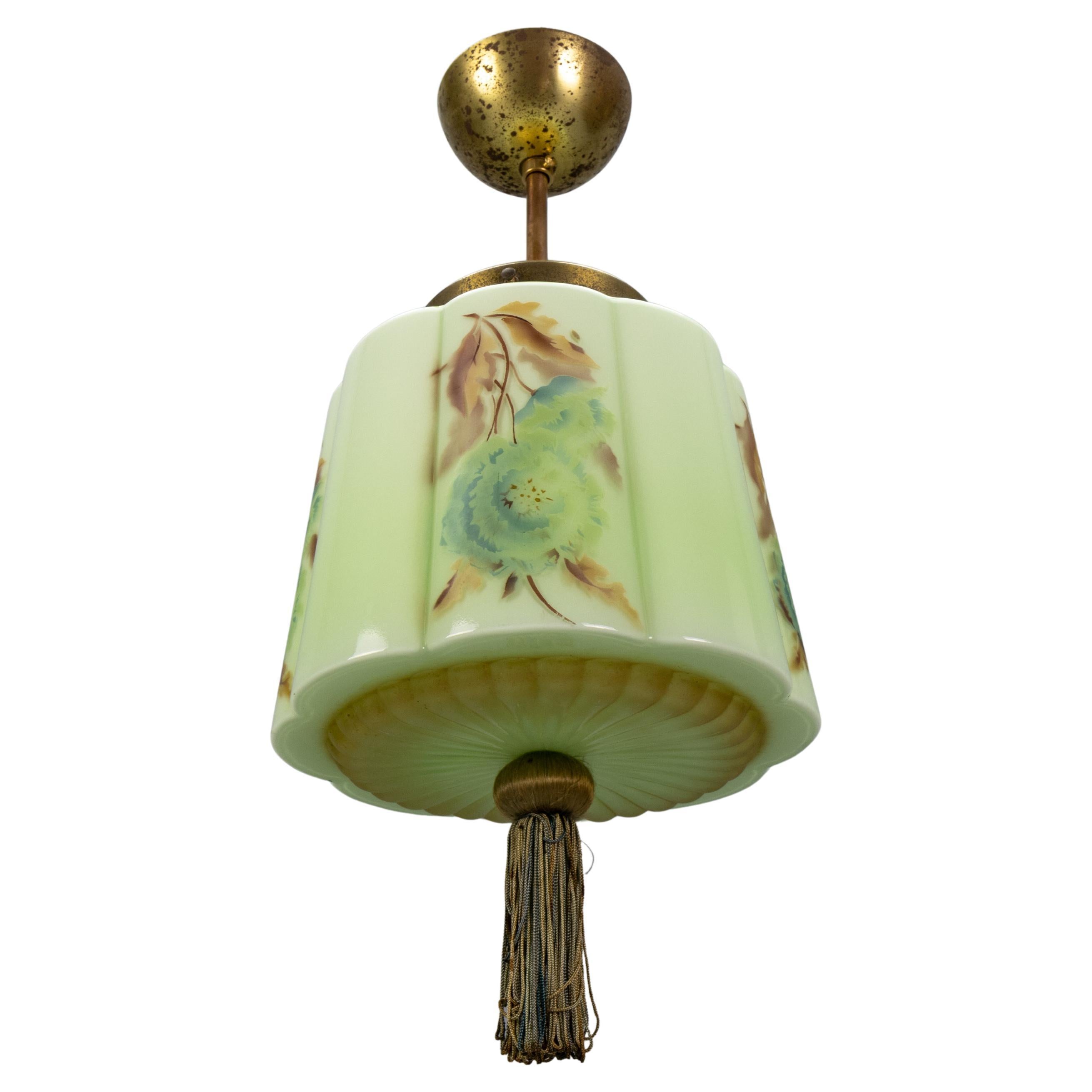 Art Deco Green and Brown Glass Floral Design Pendant Light, Germany, 1930s For Sale