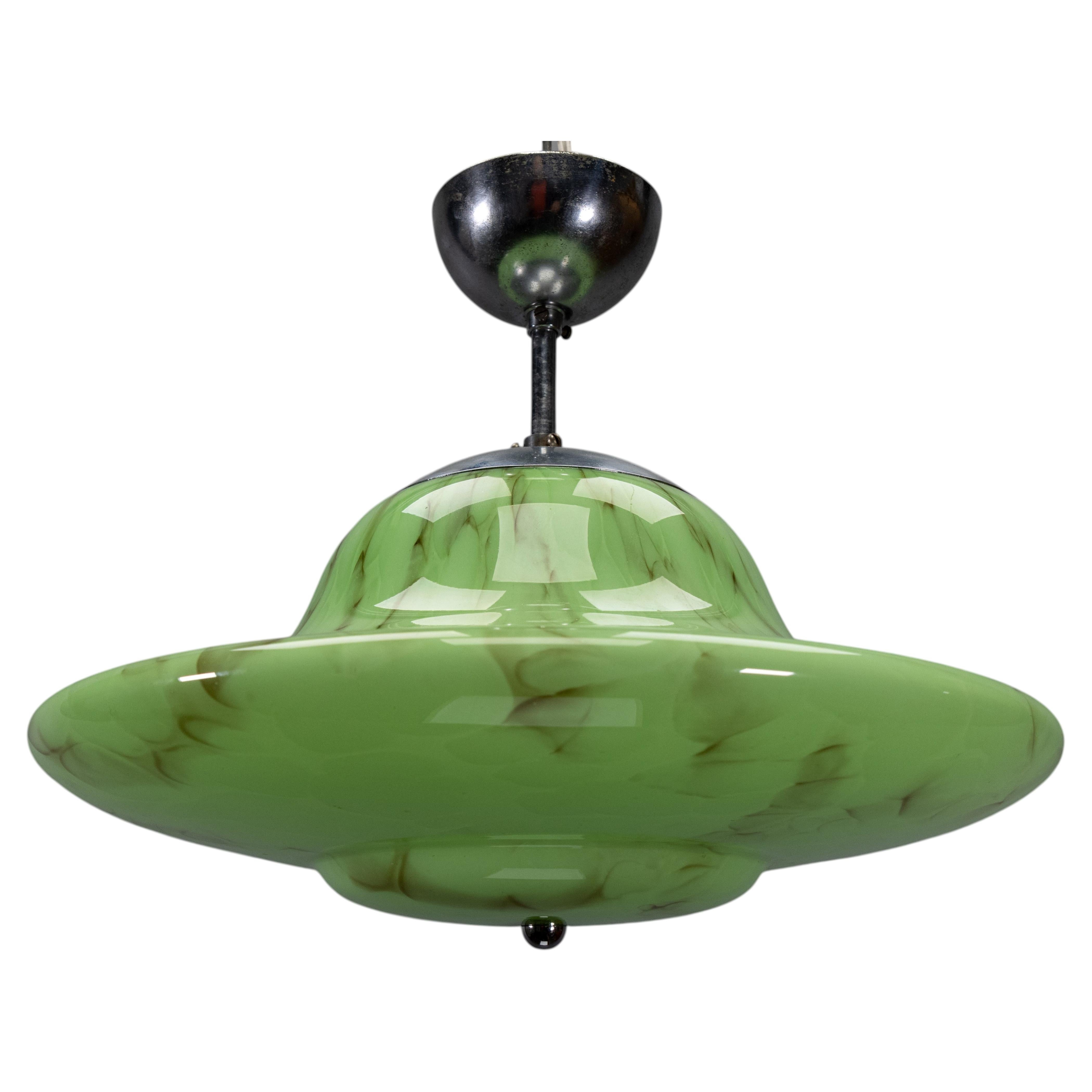 Art Deco Green and Brown Marbled UFO Shaped Glass Pendant Light, Germany 1930s For Sale