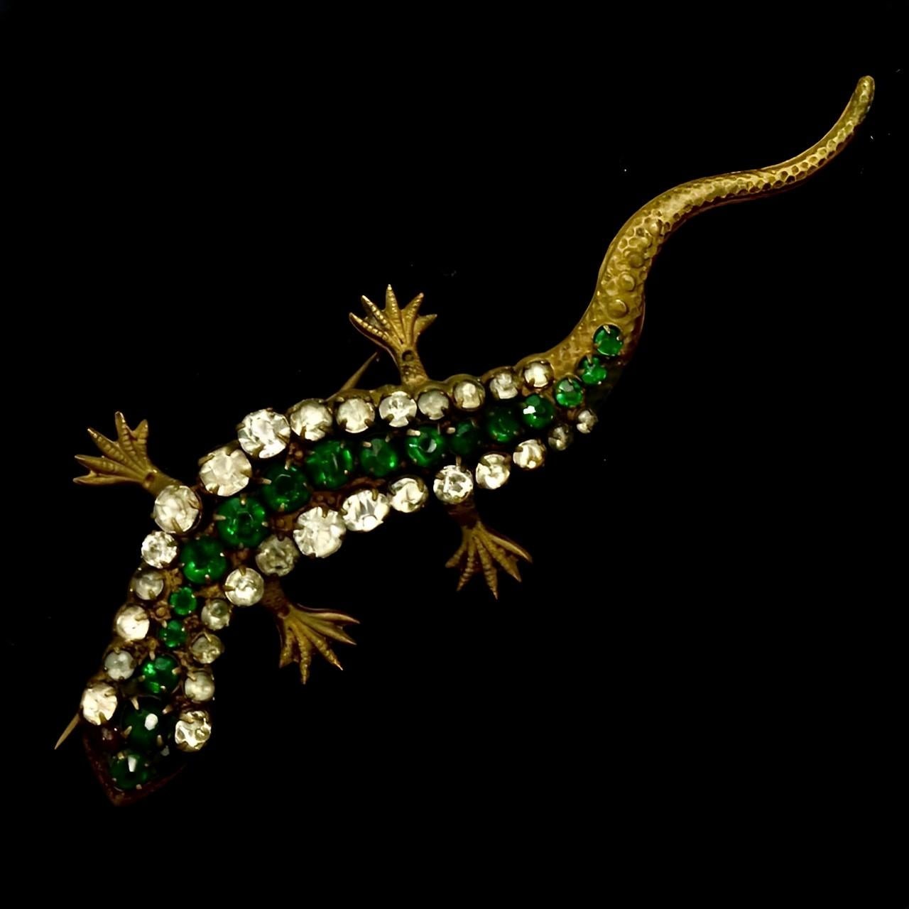 Art Deco Green and Clear Paste Stone Lizard Brooch circa 1920s For Sale 1