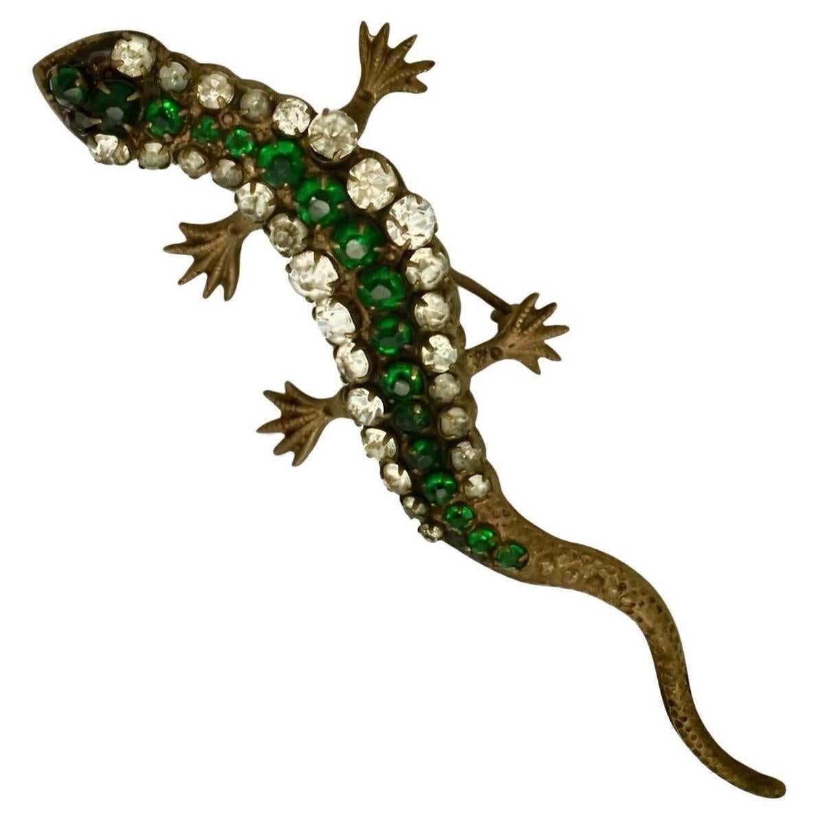 Art Deco Green and Clear Paste Stone Lizard Brooch circa 1920s For Sale