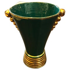 Art Deco Green and Gold Ceramic Italian Vase, circa 1940