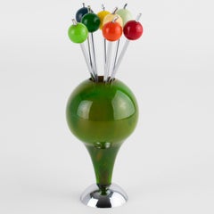 Art Deco Green Bakelite Golf Tee Shaped Barware Cocktail Picks Set, circa 1930