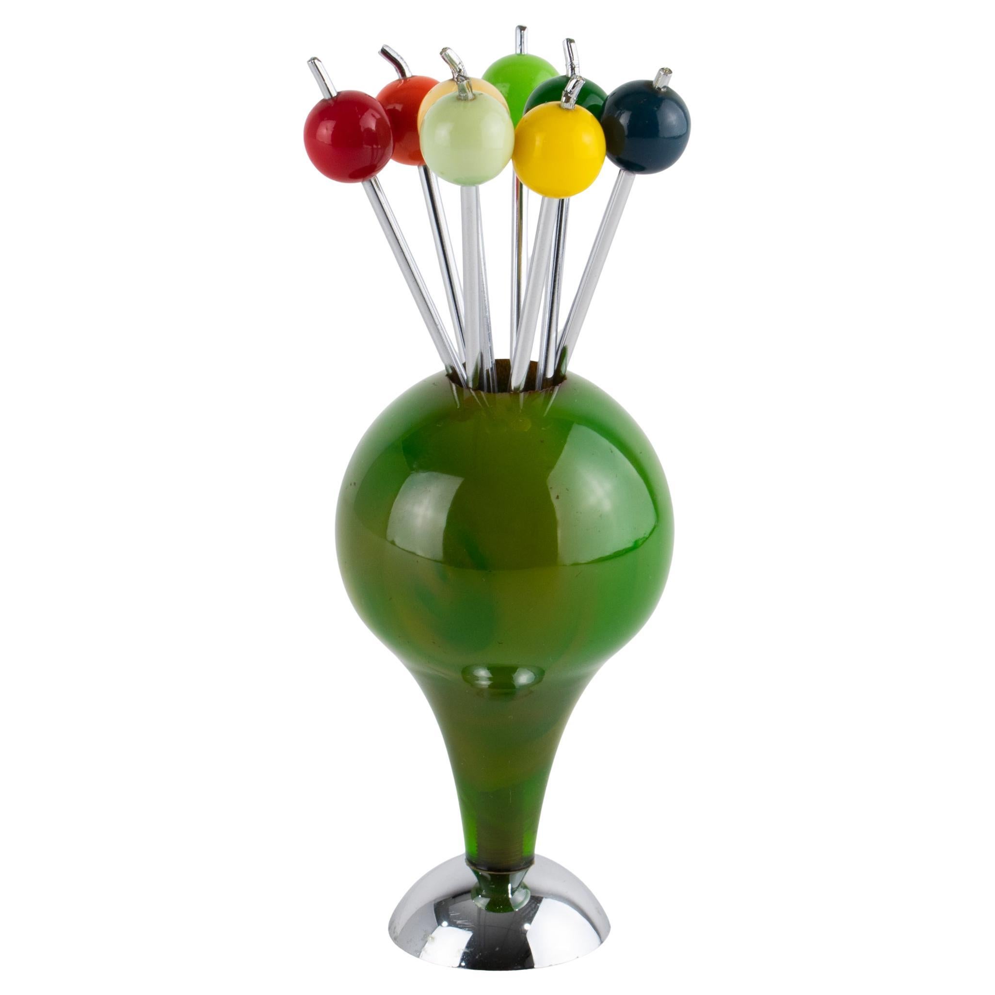 Set de pics à cocktail en bakélite vert Art Deco en forme de tee de golf, circa 1930 en vente