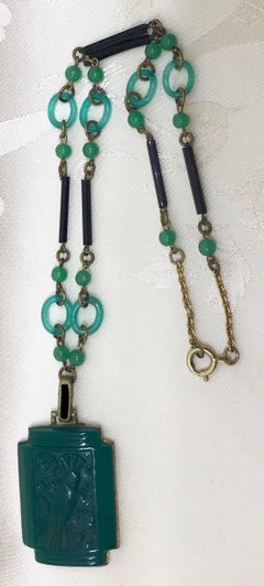Art Deco Green & Black Glass Necklace With Bird Motif Pendant, Circa 1920s