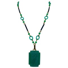 Art Deco Green & Black Glass Necklace With Bird Motif Pendant, Circa 1920s
