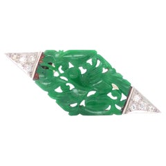 Art Deco Green Carved Jadeite Jade and Diamond Pendant Brooch in Platinum