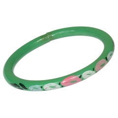 Art Deco Green Celluloid Bracelet Bangle with Floral Design