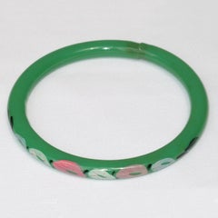 Art Deco Green Celluloid Bracelet Bangle with Floral Design, France 1920s