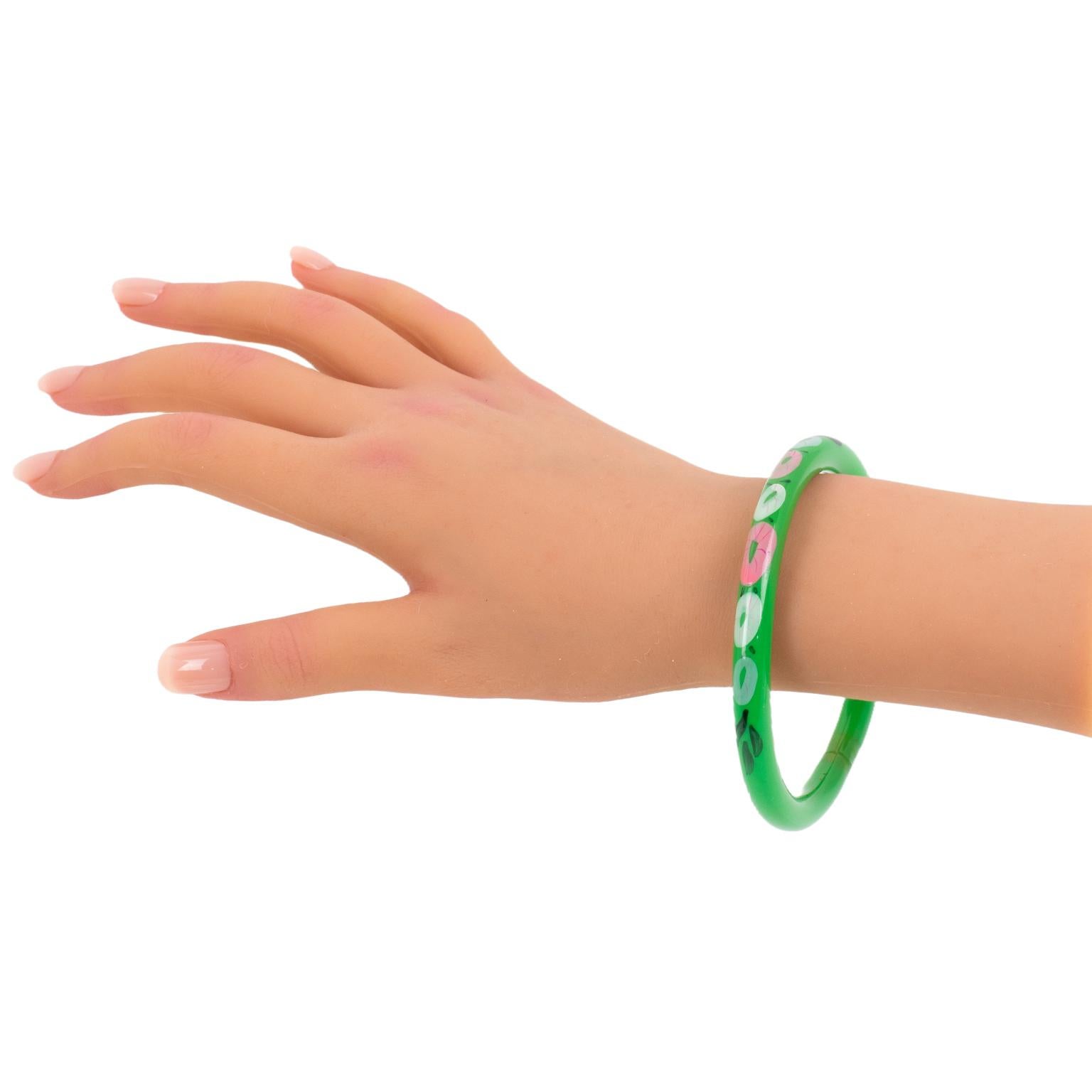 da uomo o donna Bracciale Bangle in celluloide verde Art Deco con disegno floreale, Francia anni '20 in vendita
