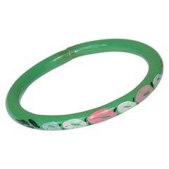 Antique Art Deco Green Celluloid Bracelet Bangle with Floral Design, France 1920s