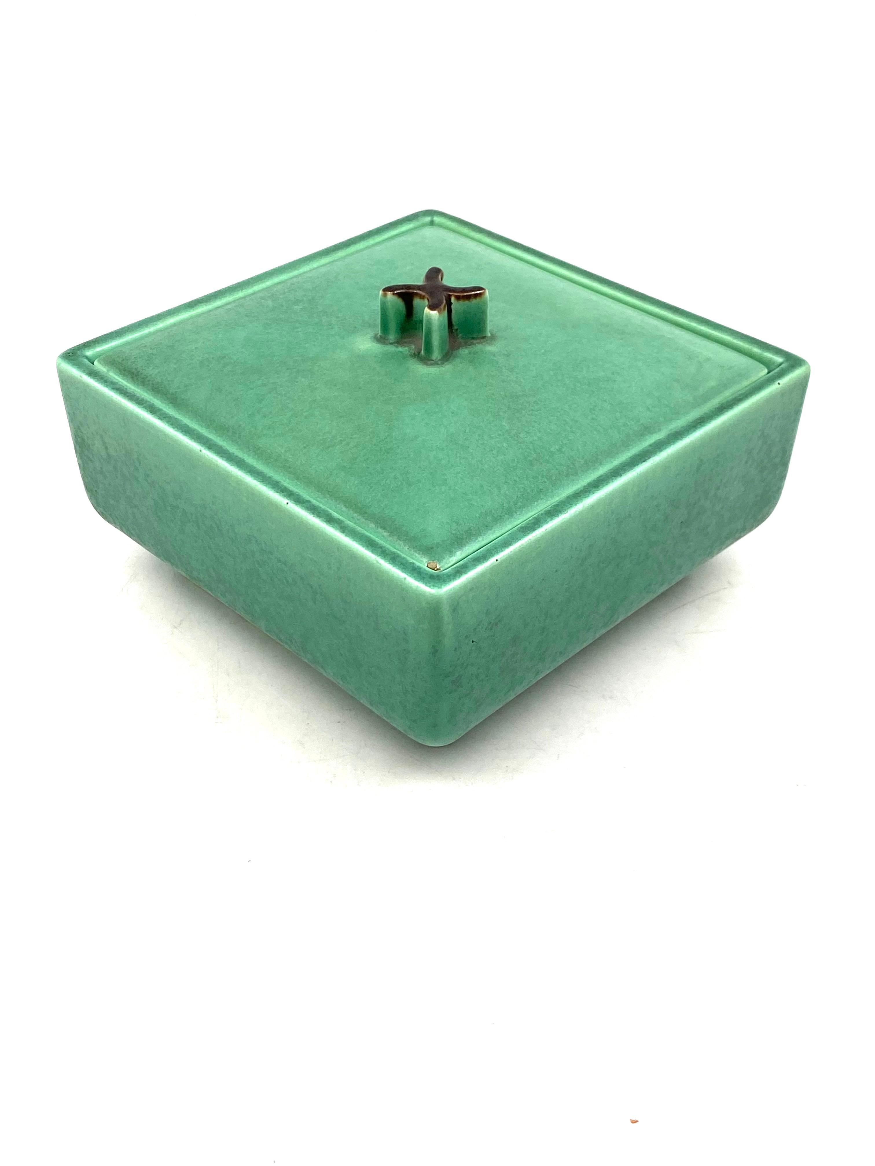 Art Deco Green Ceramic Box, France, 1940s 5
