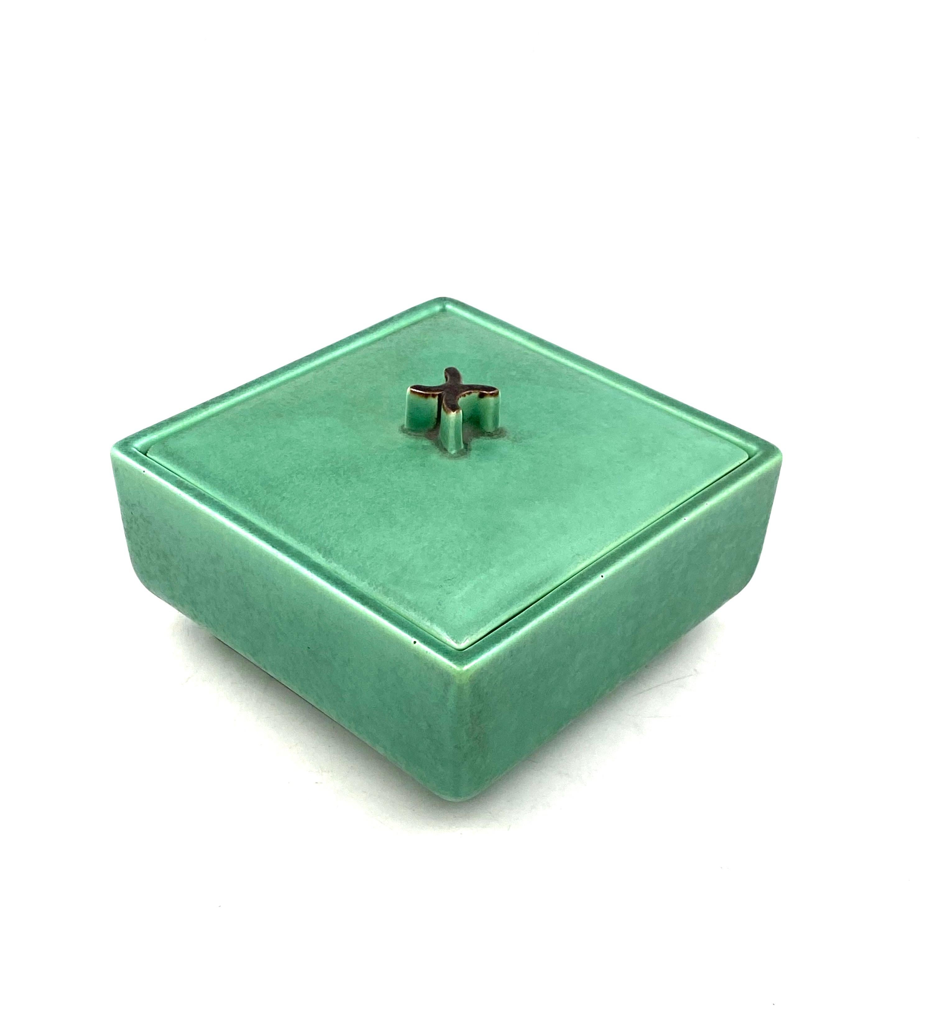 Art Deco Green Ceramic Box, France, 1940s 1