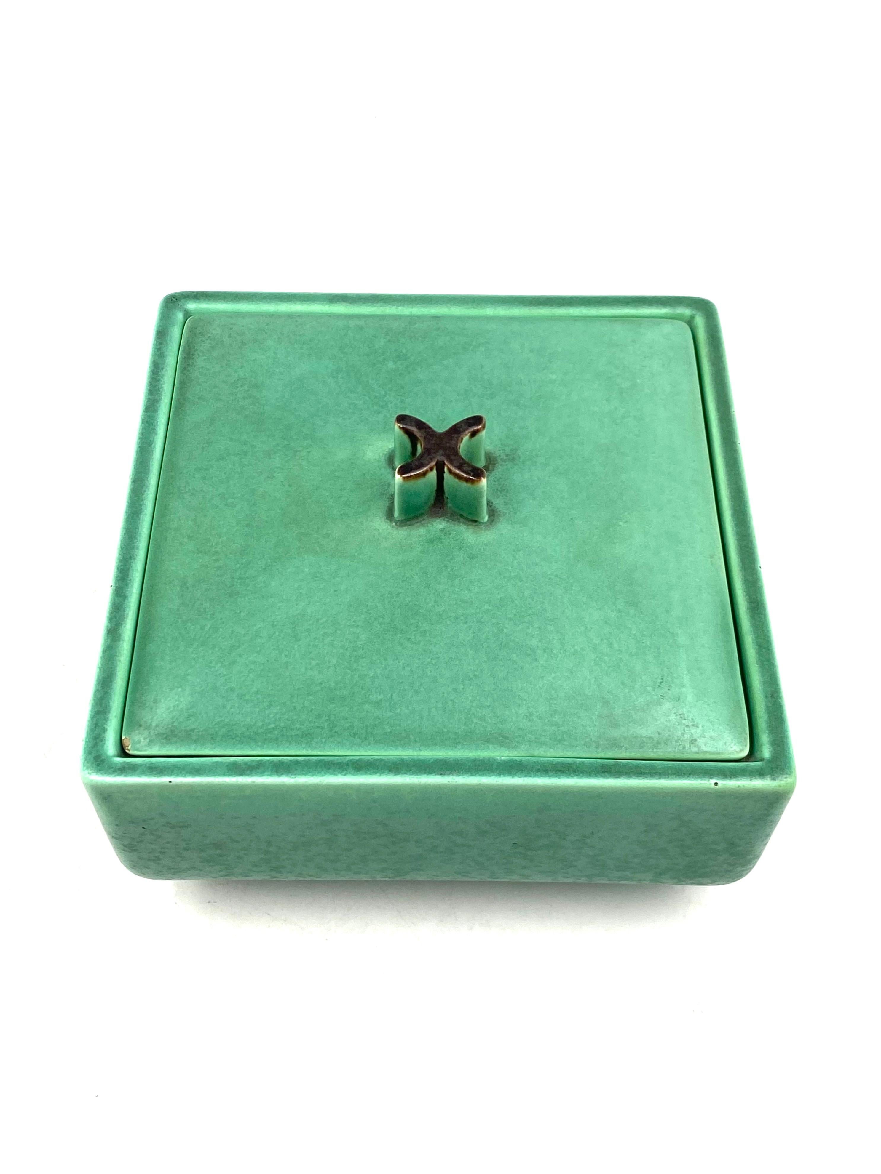 Art Deco Green Ceramic Box, France, 1940s 4