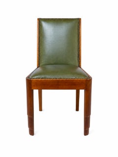 Art Deco Green Dining Chair, Walnut Frame, Green Leather Upholstery, 1920s
