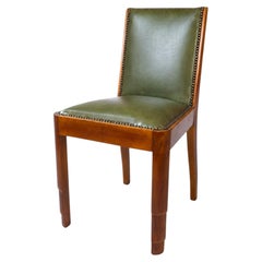Art Deco Green Dining Chair, Walnut Frame, Green Leather Upholstery, 1920s