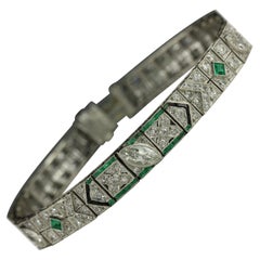 Art Deco Green Emerald Onyx and Diamond Link Bracelet