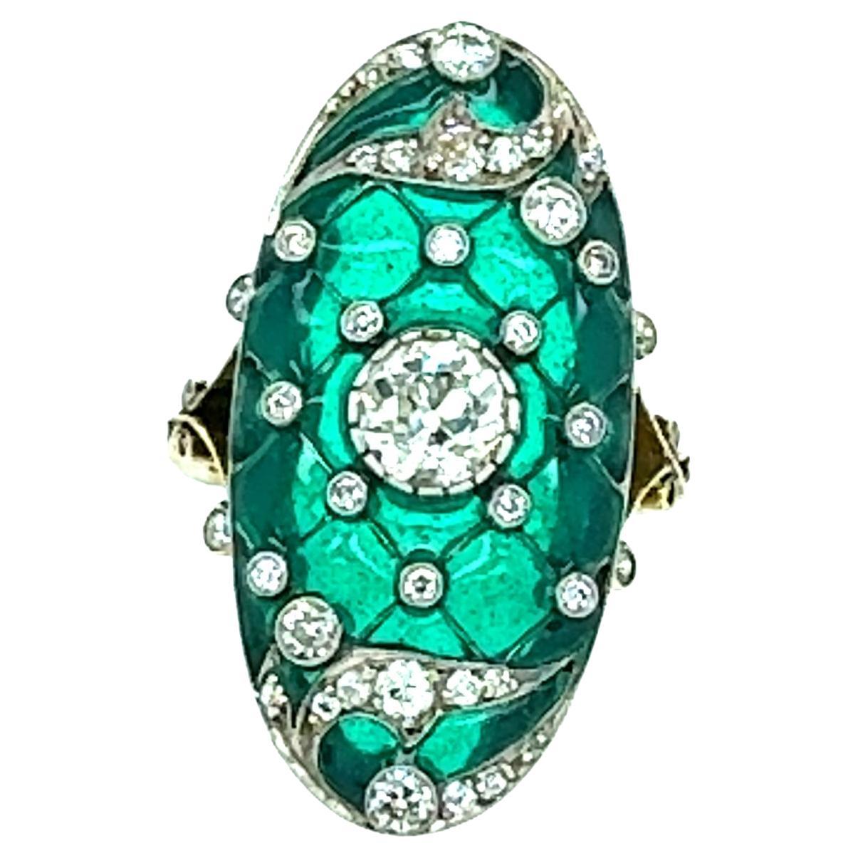 Art Deco Green Enamel and Diamond Ring