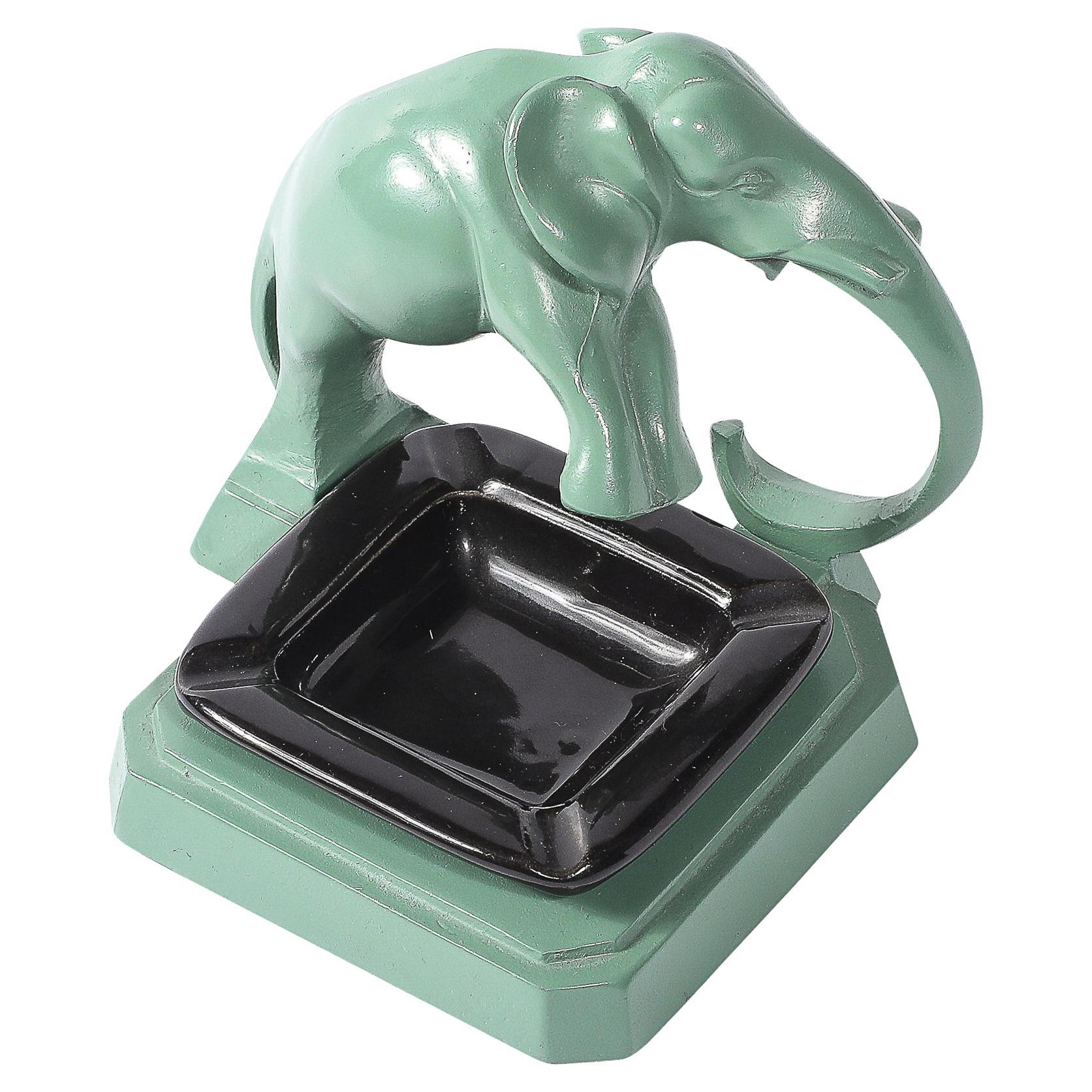Art Deco Green Enamel 
Black Ceramic Sculptural Elephant Ash Tray signed Nuart
