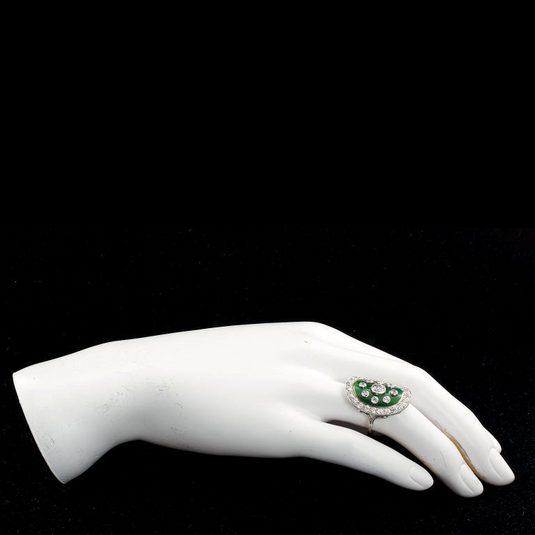 Art Deco Green Enamel Cloisonné Diamond Cocktail Ring For Sale at 1stDibs