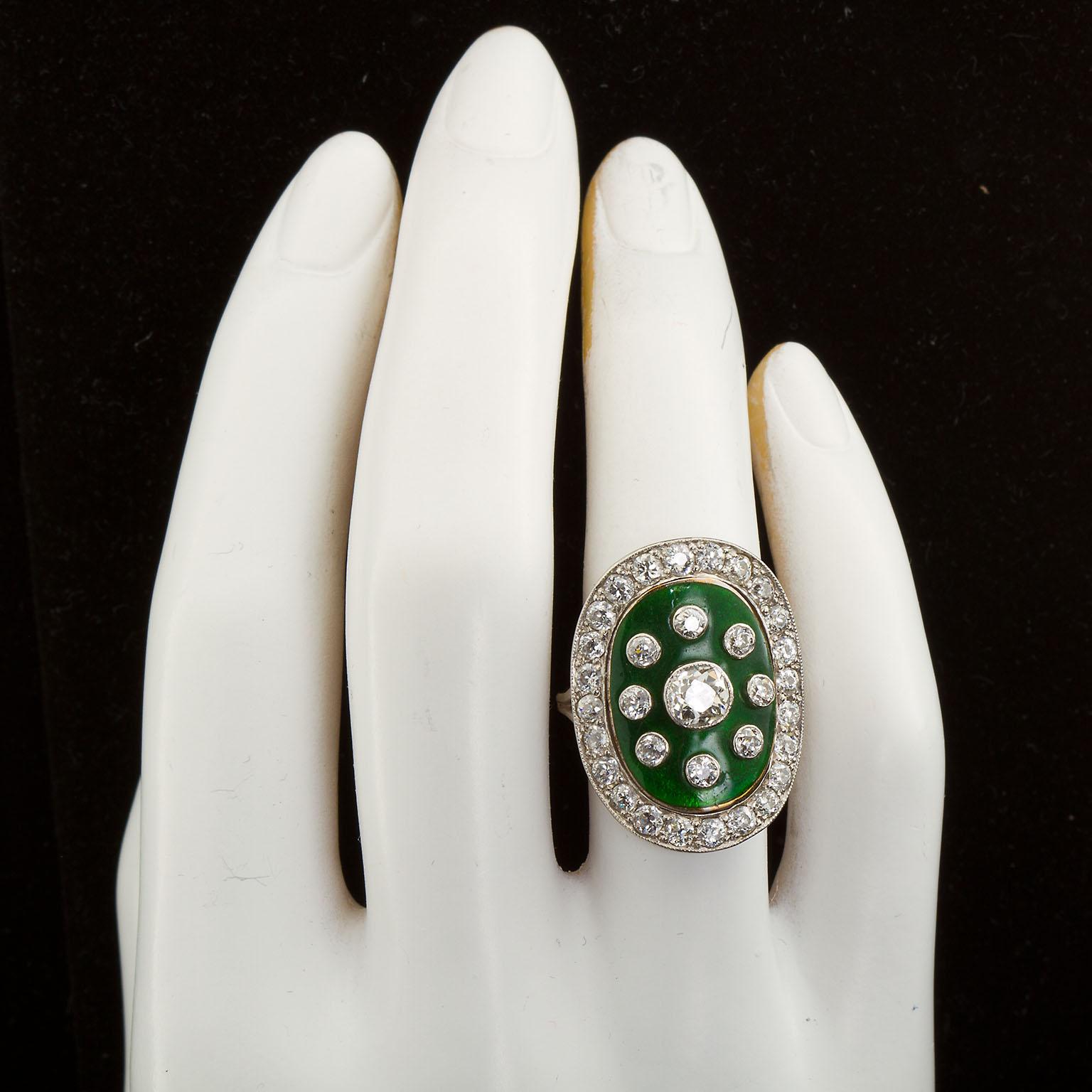 Art Deco Green Enamel Cloisonné Diamond Cocktail Ring In Good Condition In Lakewood, NJ