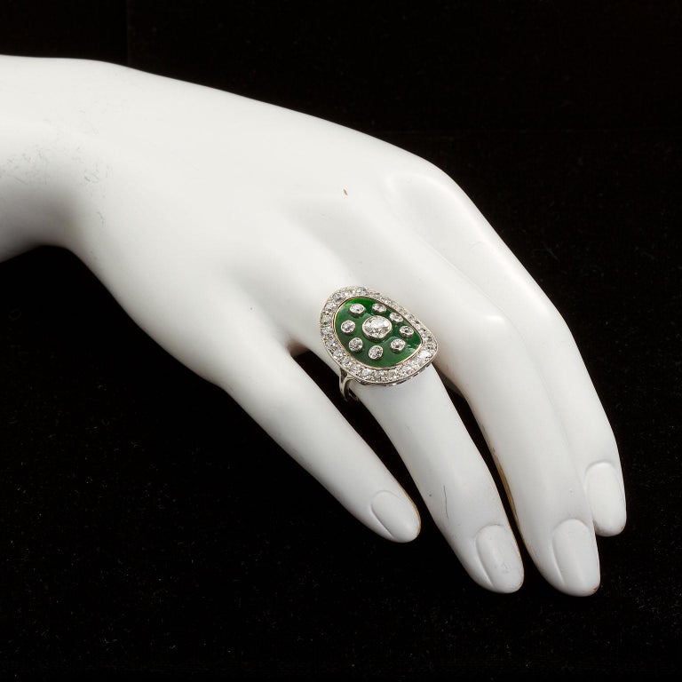 Art Deco Green Enamel Cloisonné Diamond Cocktail Ring For Sale at 1stDibs