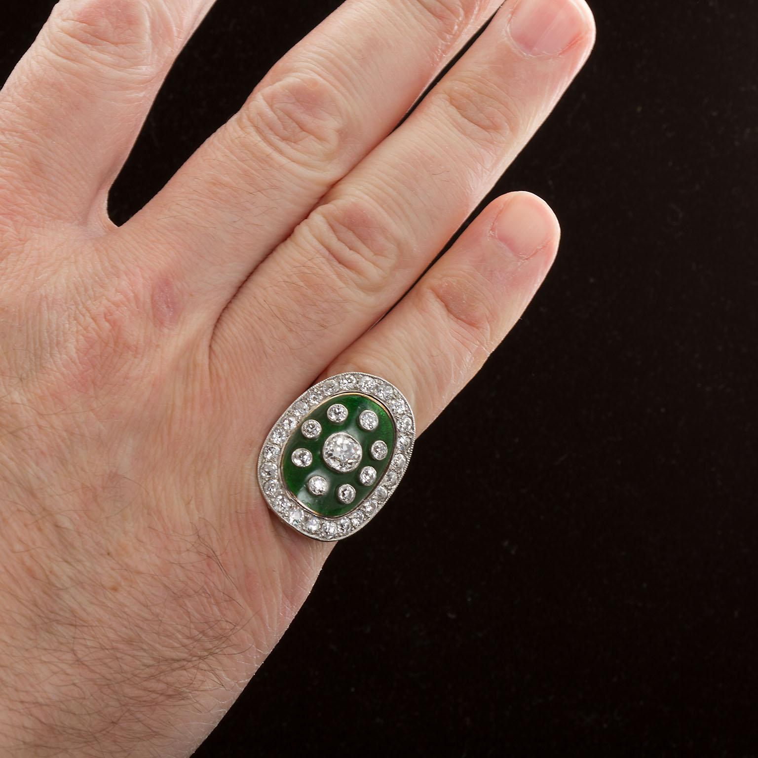 Art Deco Green Enamel Cloisonné Diamond Cocktail Ring 1