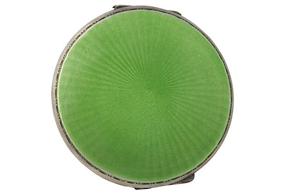 Art Deco Green Enamel English Sterling Silver Compact by Turner & Simpson For Sale 1