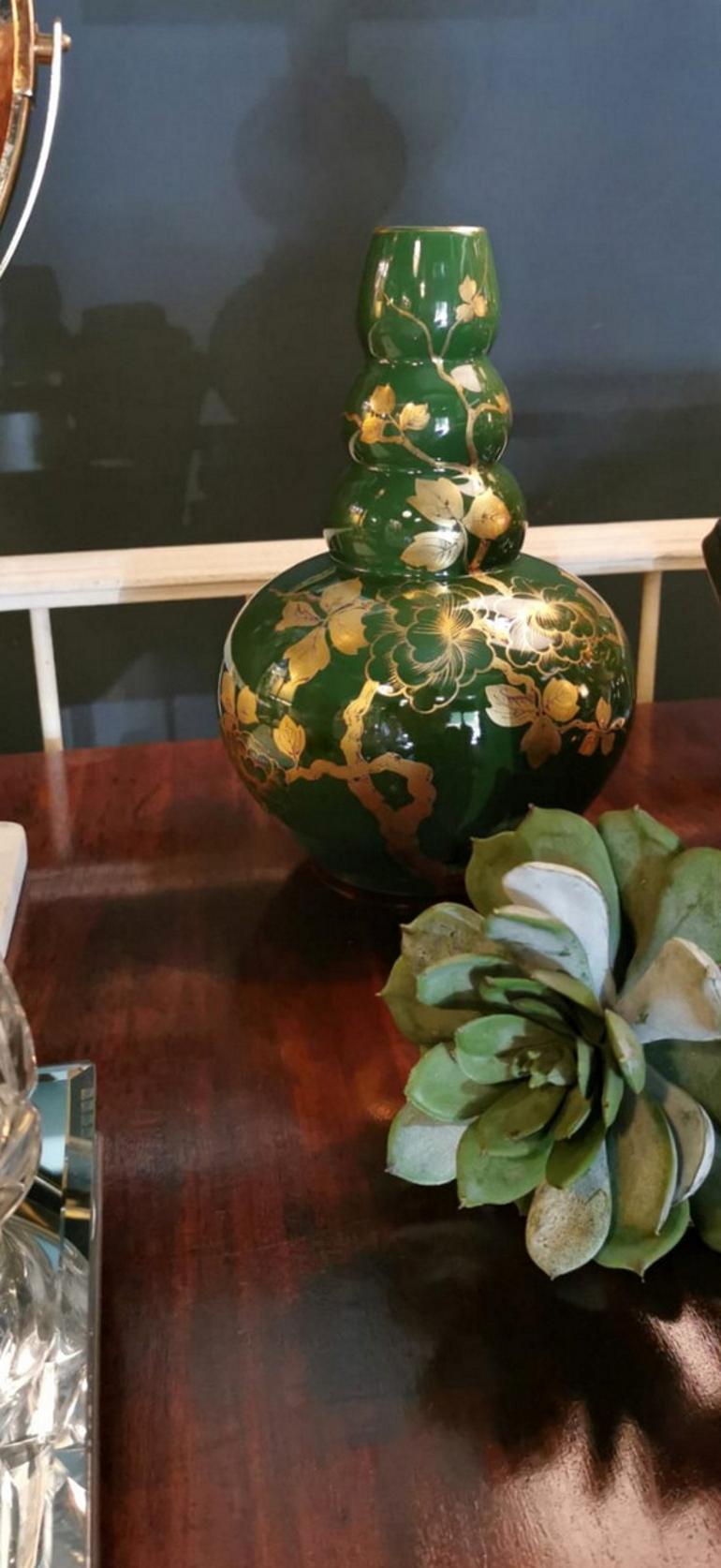 Art Decò Green Enameled Terracotta Vase with Pure Gold Decorations, France For Sale 10