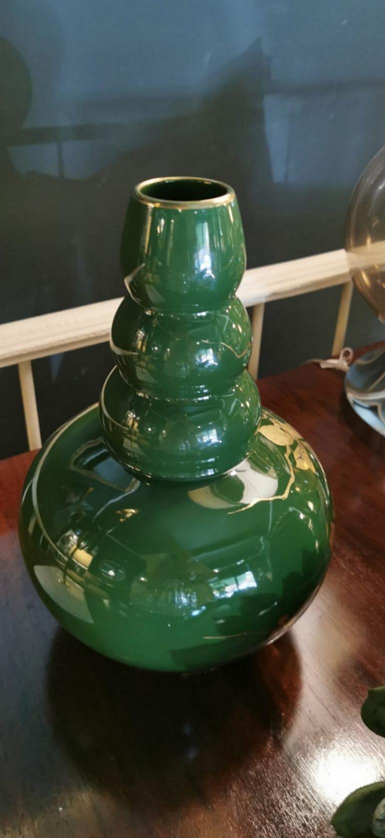 Art Decò Green Enameled Terracotta Vase with Pure Gold Decorations, France For Sale 11