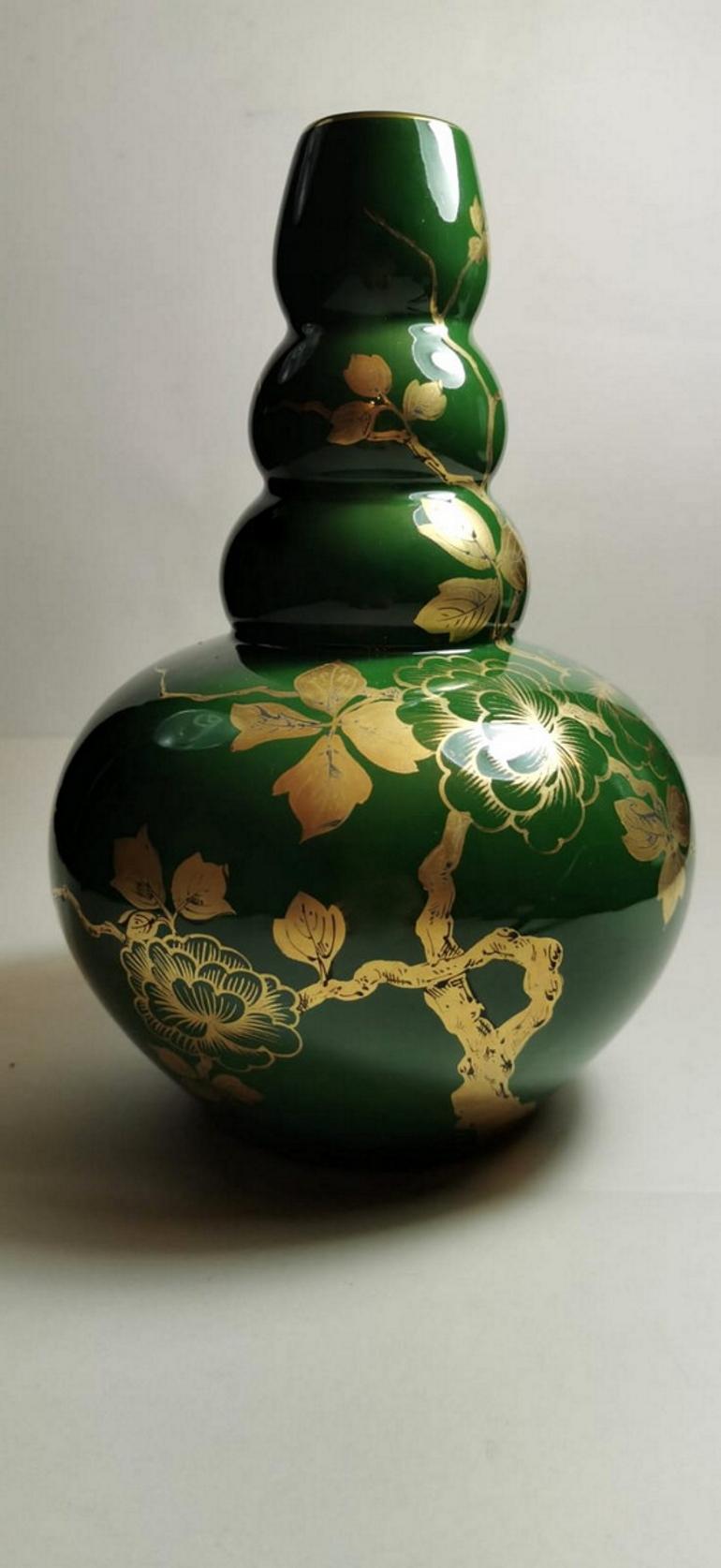 Art Deco Art Decò Green Enameled Terracotta Vase with Pure Gold Decorations, France For Sale