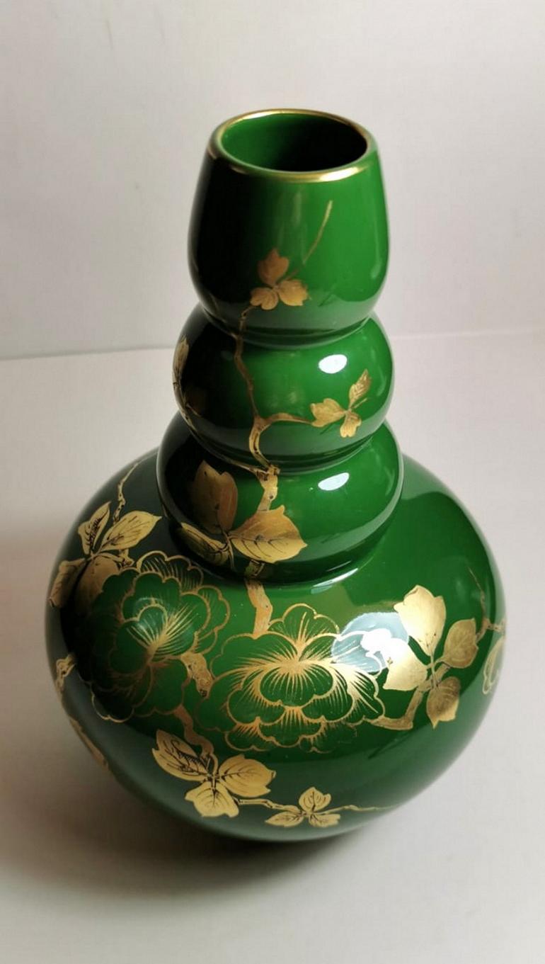 French Art Decò Green Enameled Terracotta Vase with Pure Gold Decorations, France For Sale