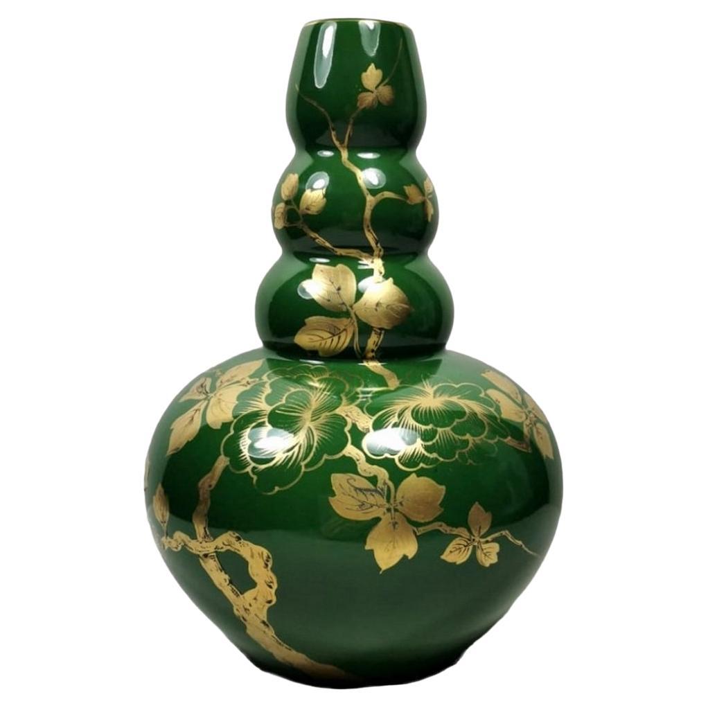 Art Decò Green Enameled Terracotta Vase with Pure Gold Decorations, France