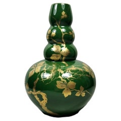 Art Decò Green Enameled Terracotta Vase with Pure Gold Decorations, France